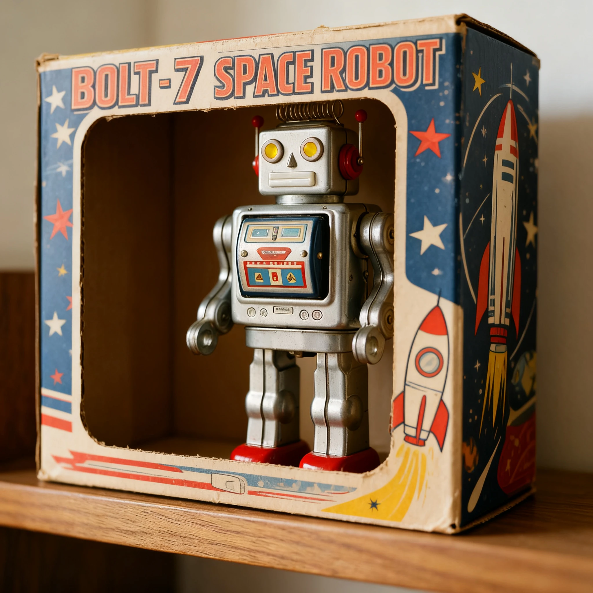 Seedream V4 Edit: Create a retro collectible toy packaging design for this robot: place the same robot inside a vintage cardboar