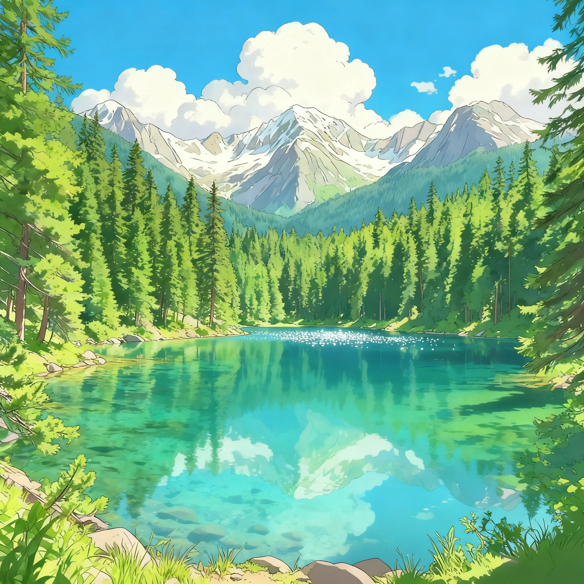 Seedream V4 Edit: Redraw this landscape in a hand-painted anime film style with soft cel shading, fluffy cumulus clouds, lush sa