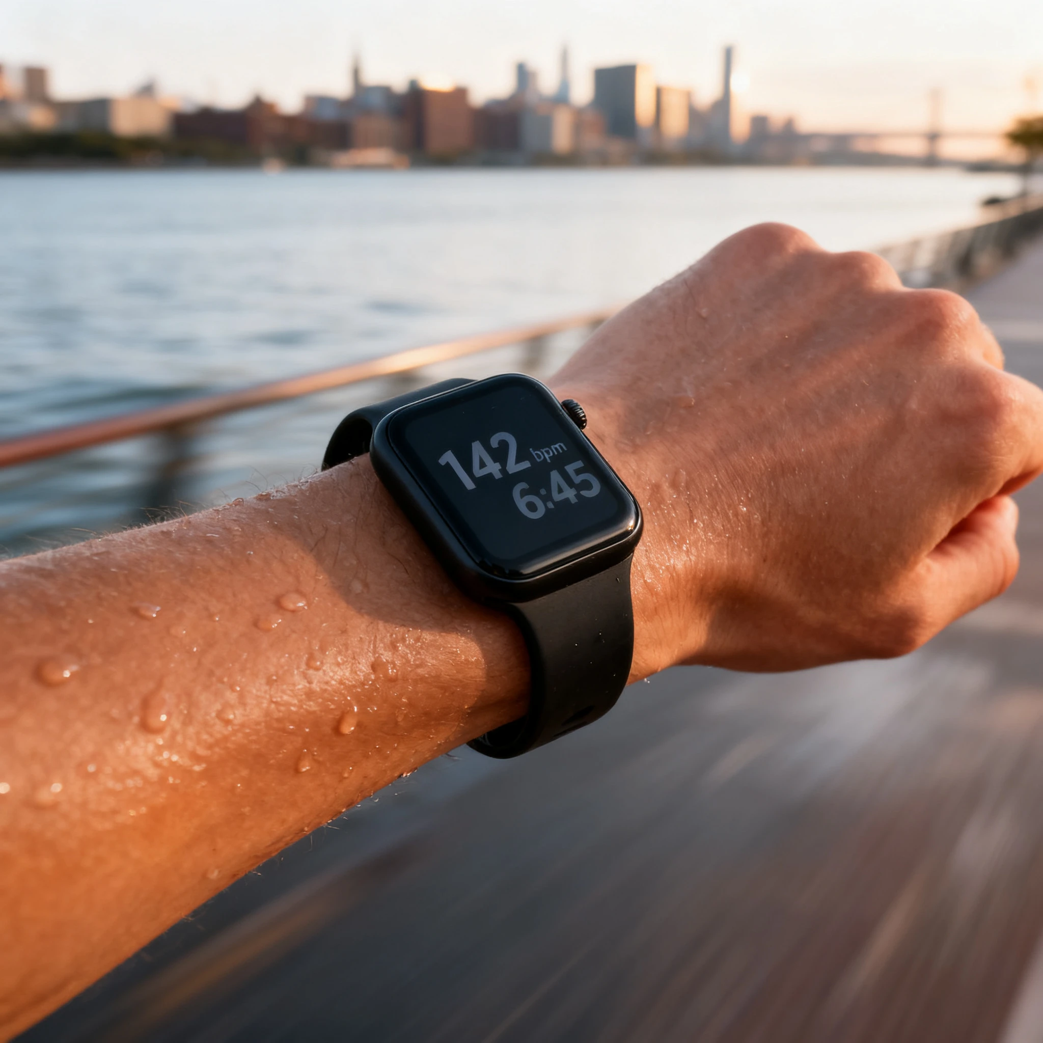 Seedream V4 Edit: Show this smartwatch worn on a runner's wrist during an early morning jog along a city waterfront, the screen