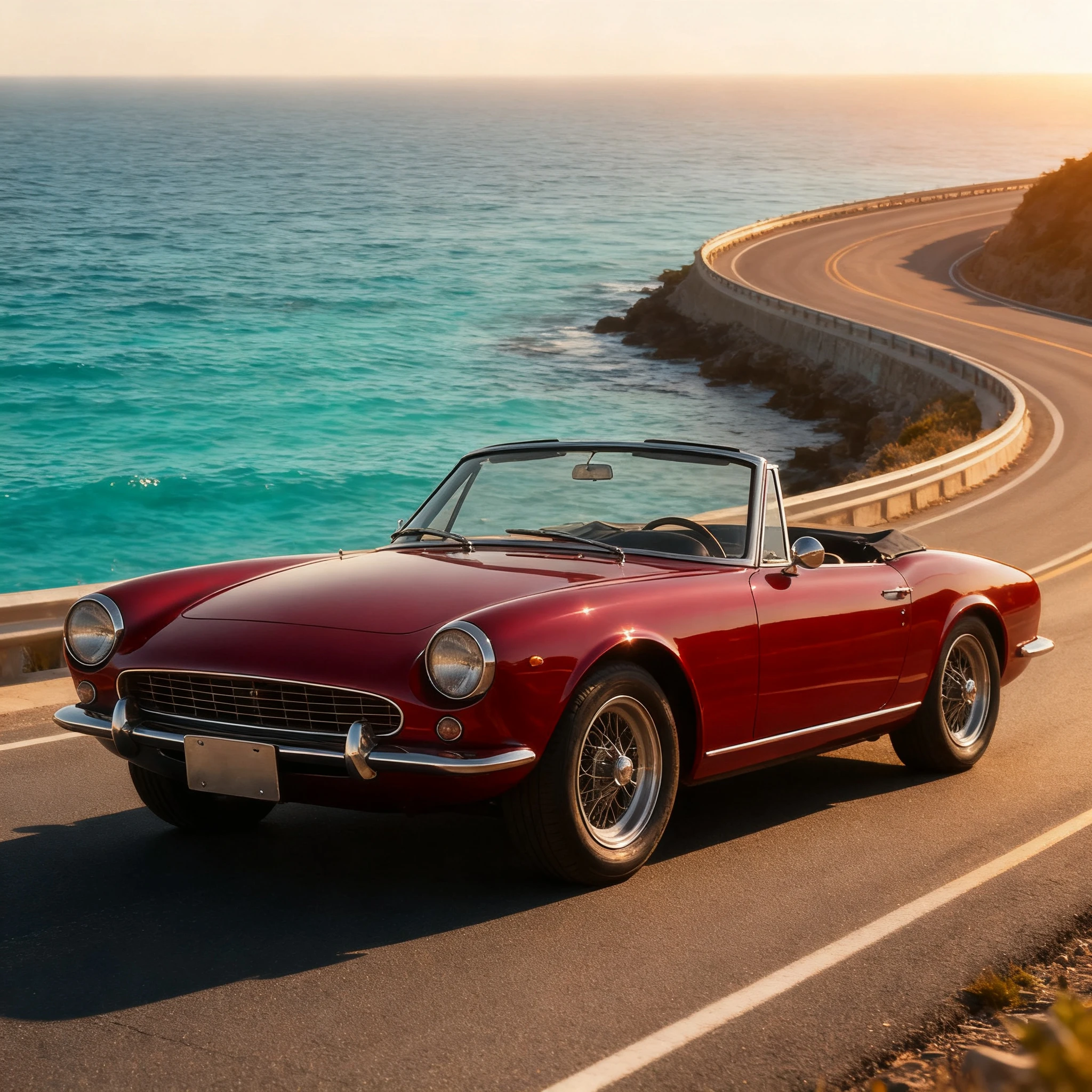 Seedream V4 Edit: Change the car's color to glossy crimson red and move it to a winding coastal highway above turquoise sea at g
