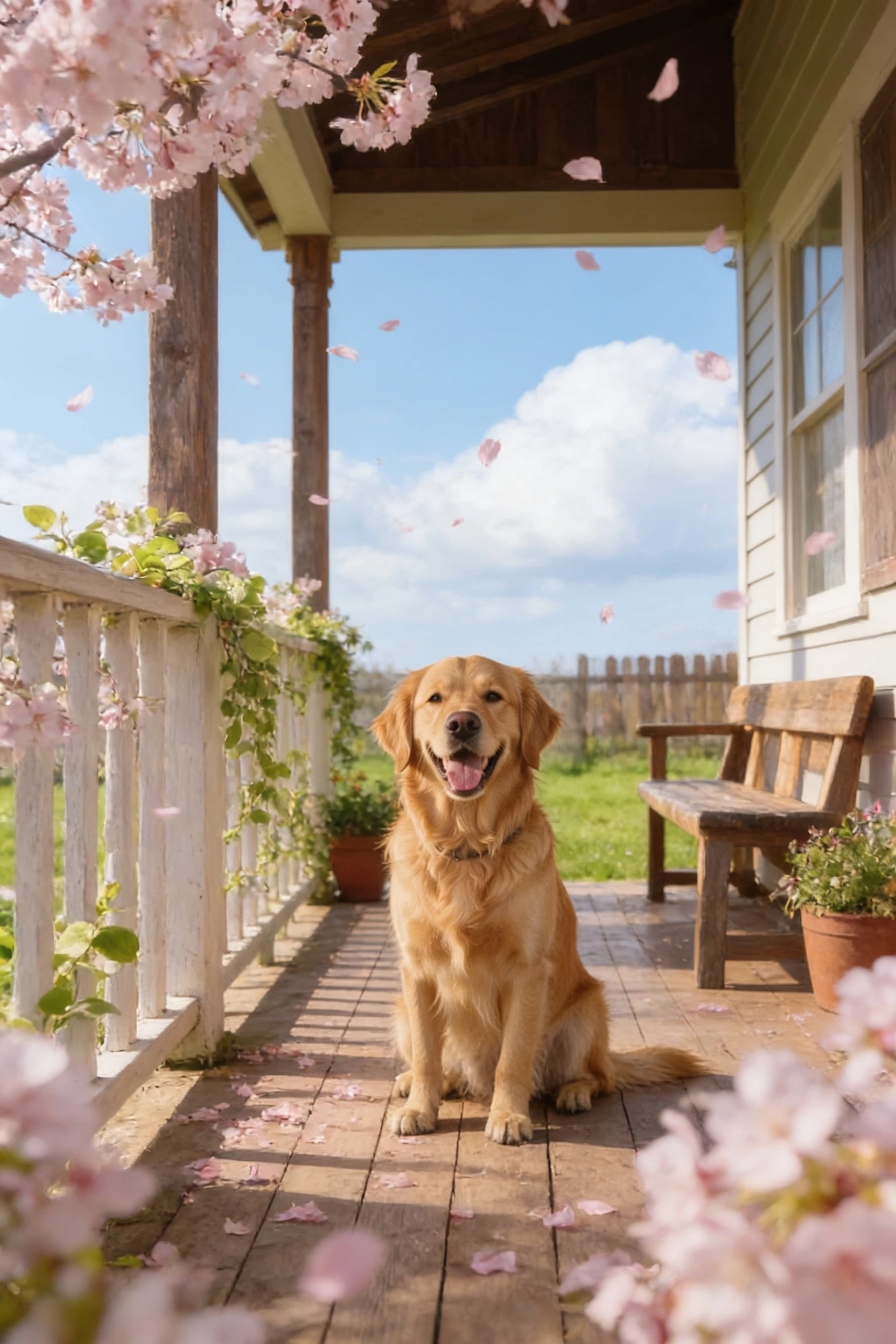 Seedream V4.5 Edit Sequential: I want to generate 4 images. Show this same golden retriever in four seasons on the same farmhouse porch: spri