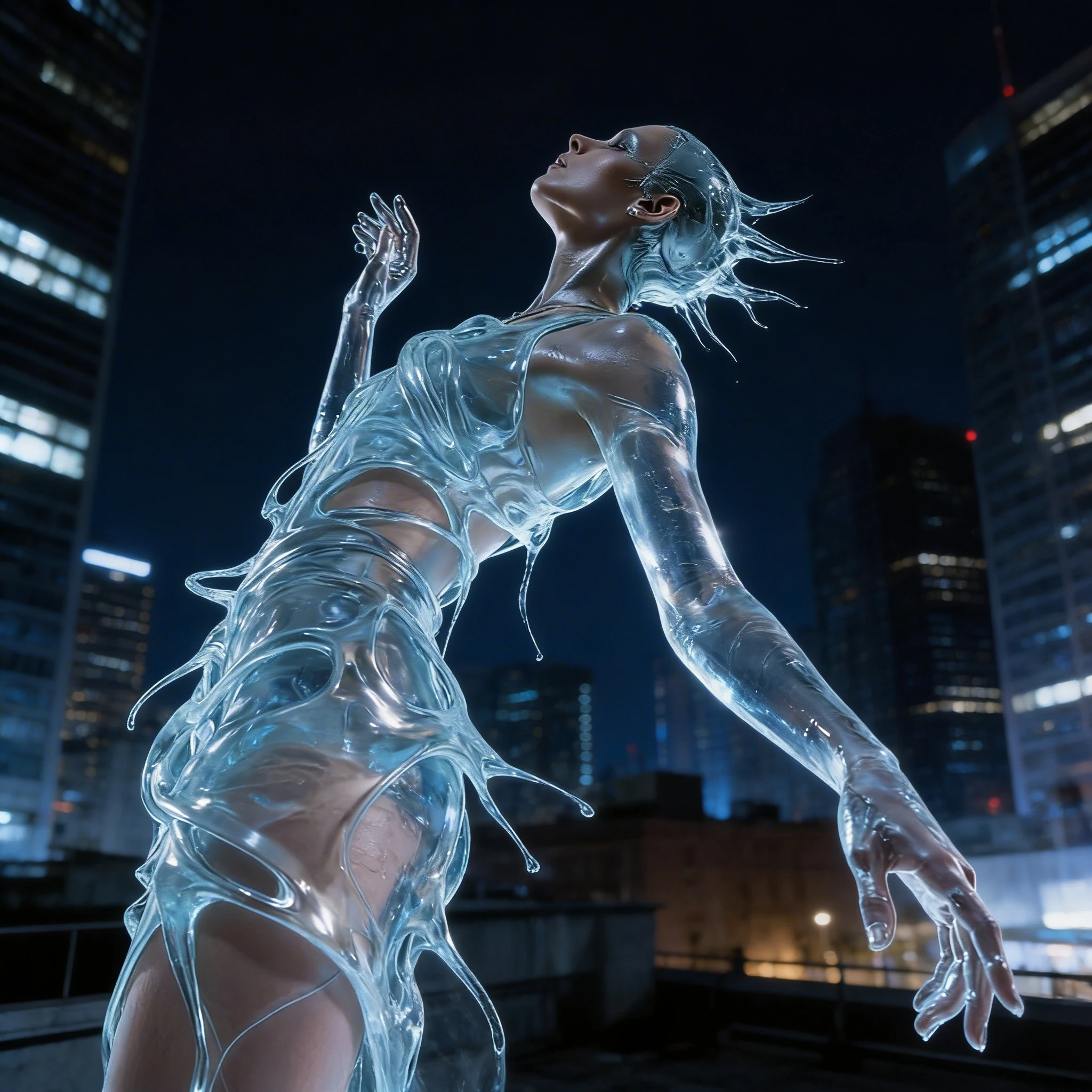 Seedream V4.5 Edit: Keep the model's pose and the flowing shape of the liquid clothing unchanged. Change the clothing material fro