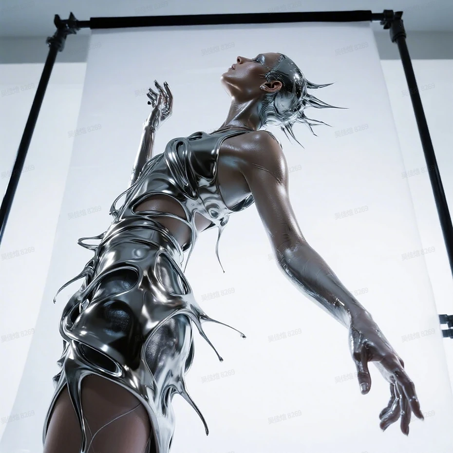 Seedream V4.5 Edit: Keep the model's pose and the flowing shape of the liquid clothing unchanged. Change the clothing material fro
