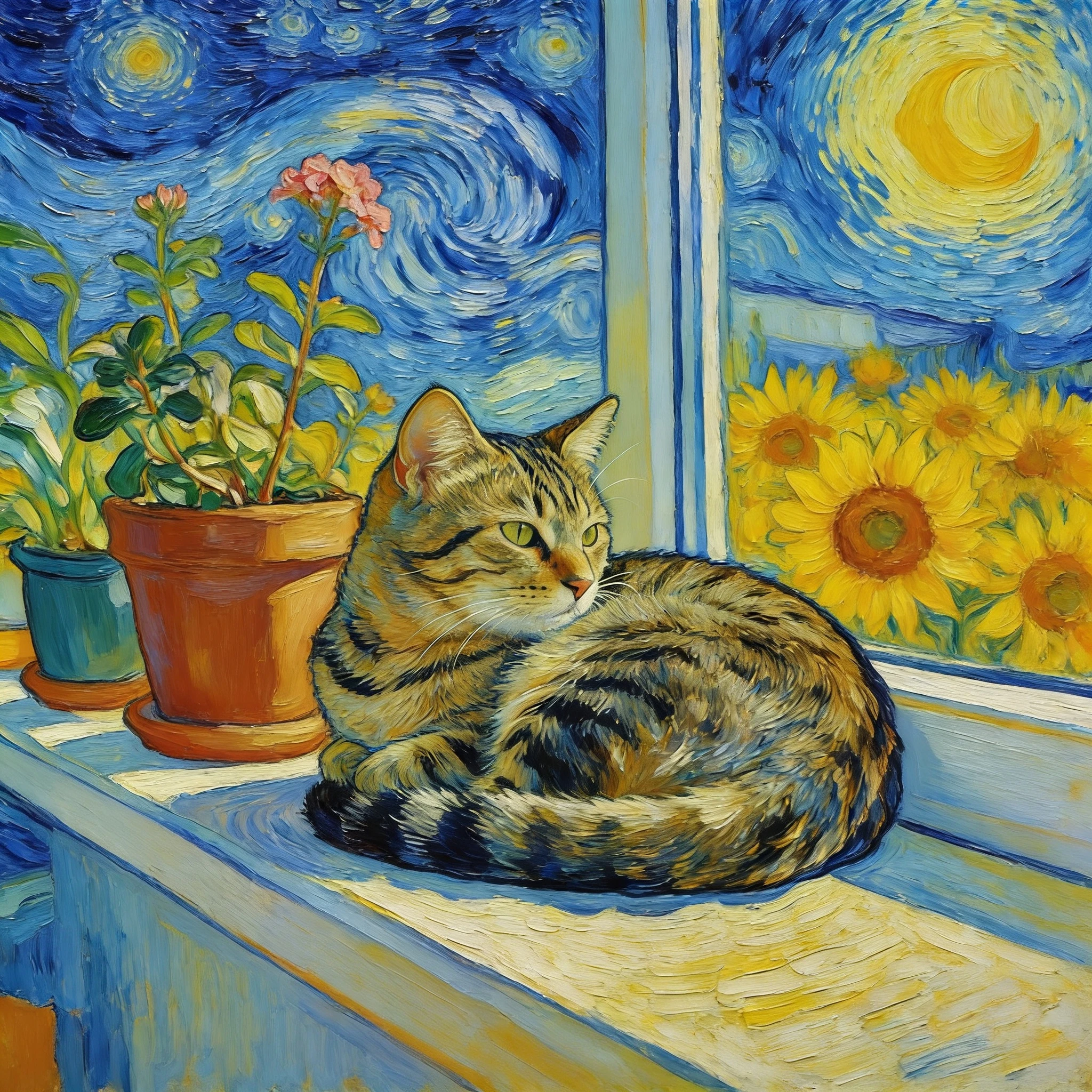 Seedream V4.5 Edit: Repaint this photo as a post-impressionist oil painting with thick swirling brushstrokes, vivid cobalt blues a