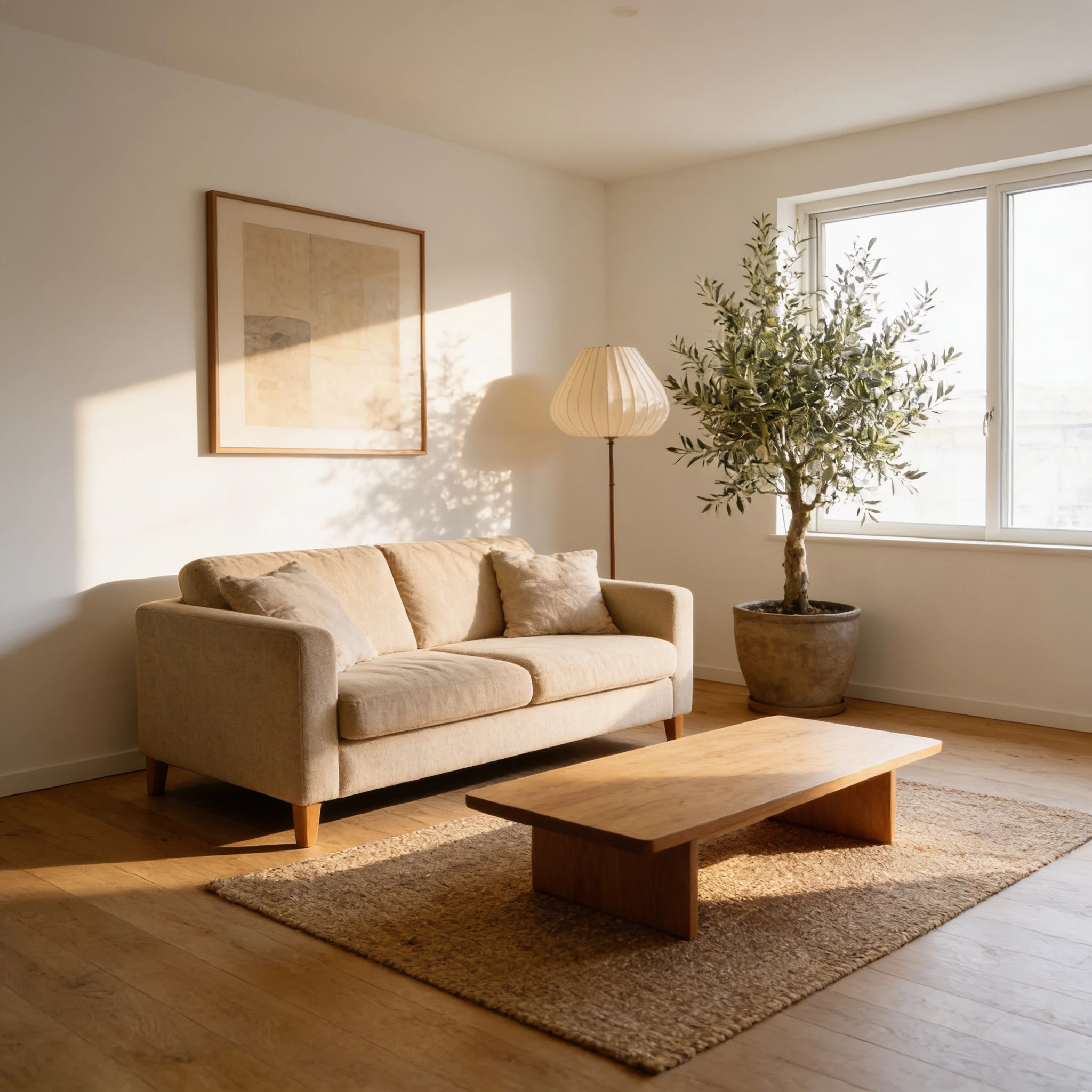 Seedream V4.5 Edit: Furnish and decorate this empty living room in a warm Japandi style. Keep the room shape, window, floor and th