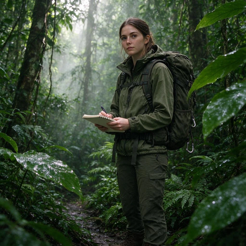 bytedance/seedream-v5.0-flash/edit: Transform her technical backpack into a transparent portable ecosystem chamber containing miniature tropical p