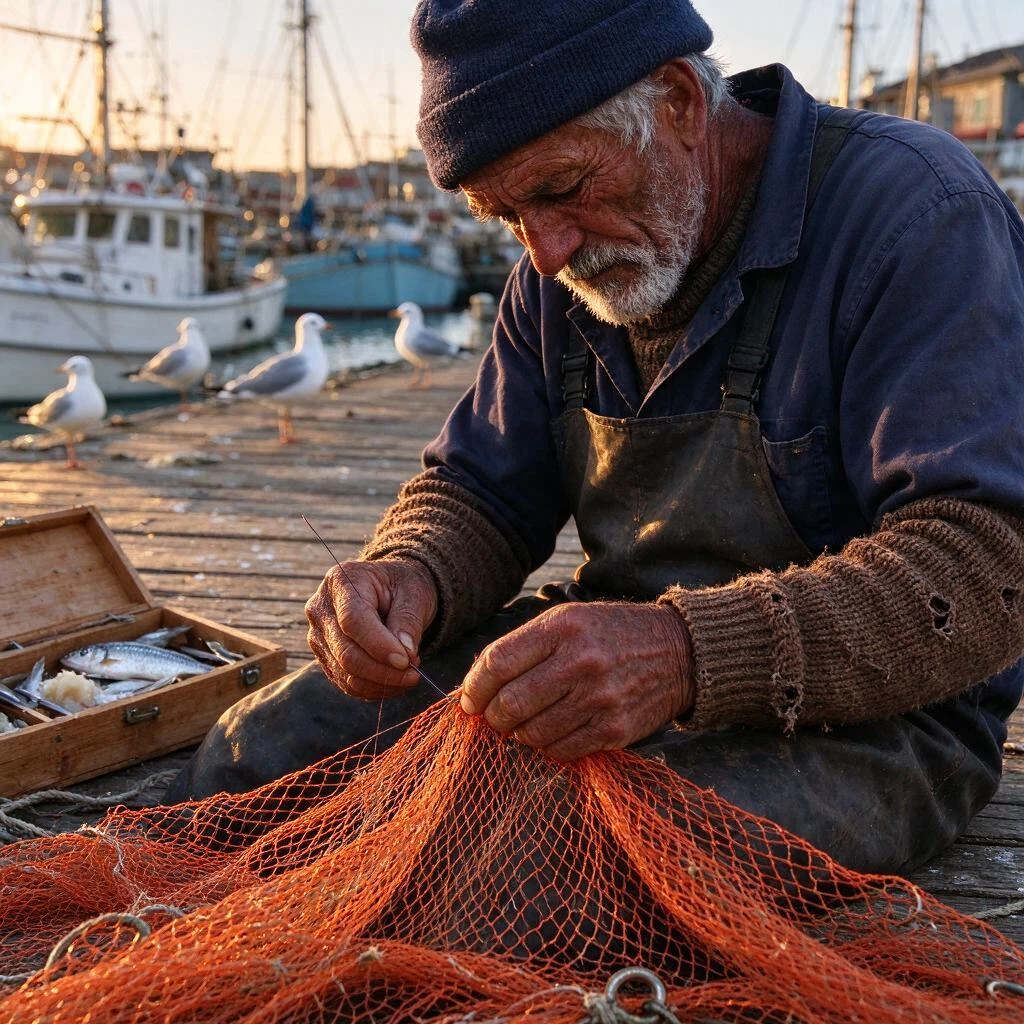 bytedance/seedream-v5.0-flash: Editorial street photograph of an elderly fisherman mending a bright orange net on a wooden harbor pier at gol