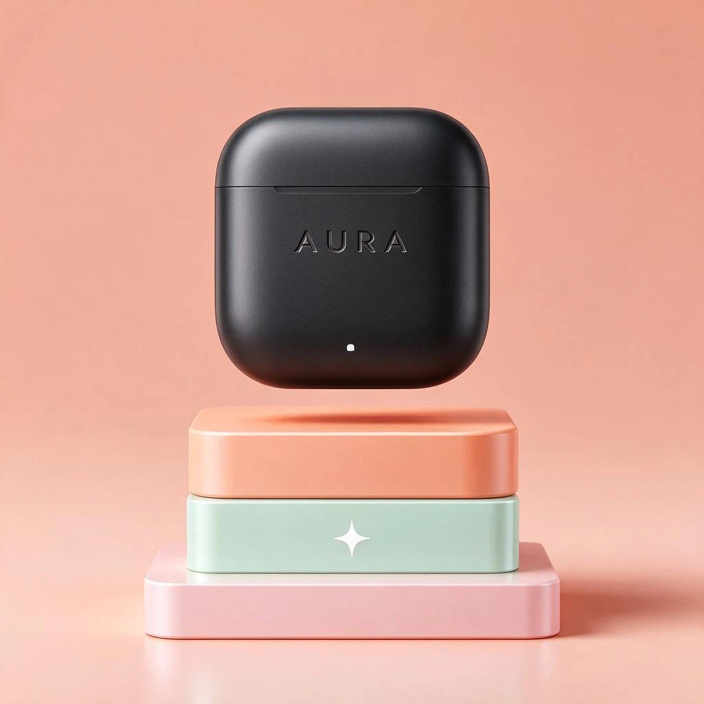 bytedance/seedream-v5.0-flash: Studio product render of a matte black wireless earbuds case floating above stacked pastel pedestals, soft dif