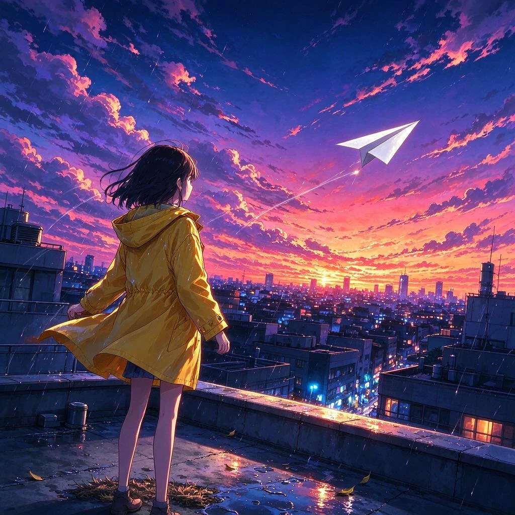 bytedance/seedream-v5.0-flash: Anime-style illustration of a girl with a yellow raincoat standing on a rooftop at dusk, city lights beginning