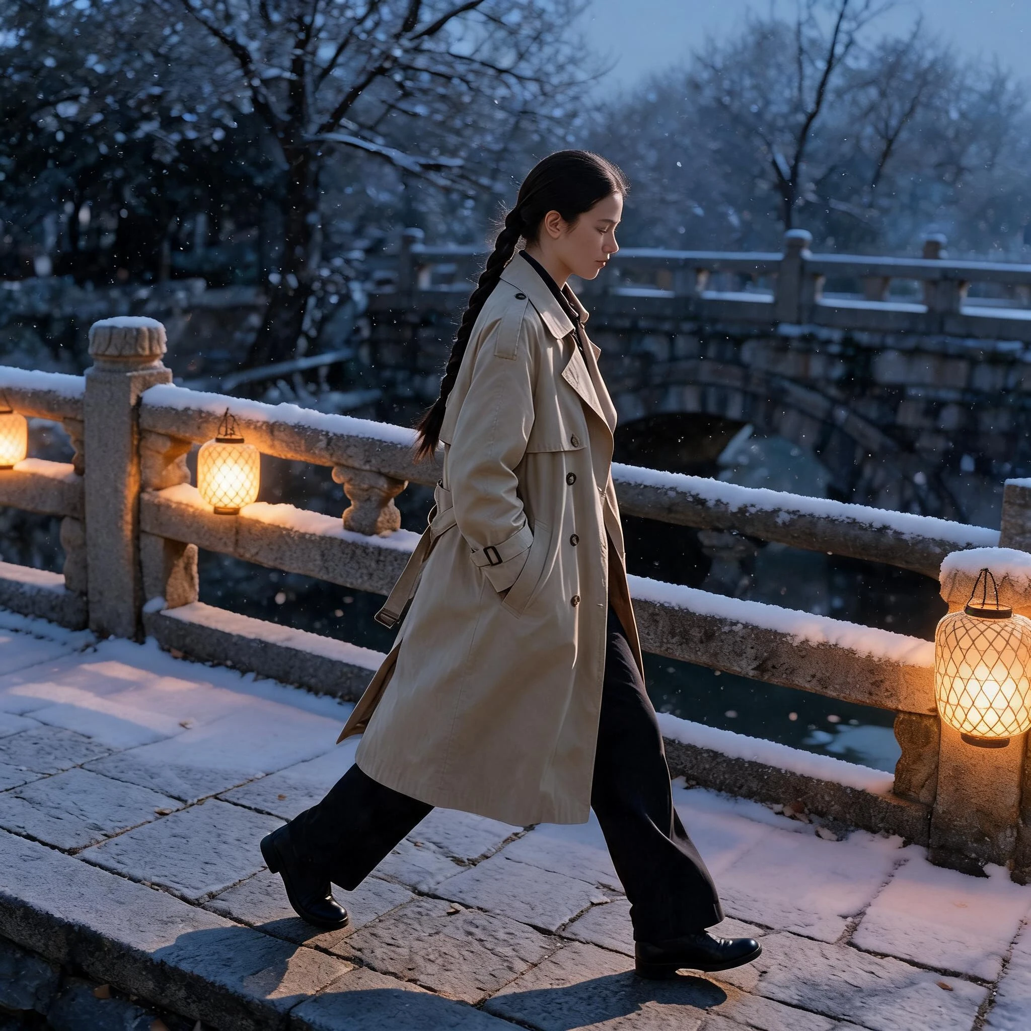 Seedream V5.0 Lite Edit: Keep the woman, her braid, pose and trench coat unchanged. Transform the scene into a snowy winter evening: sn