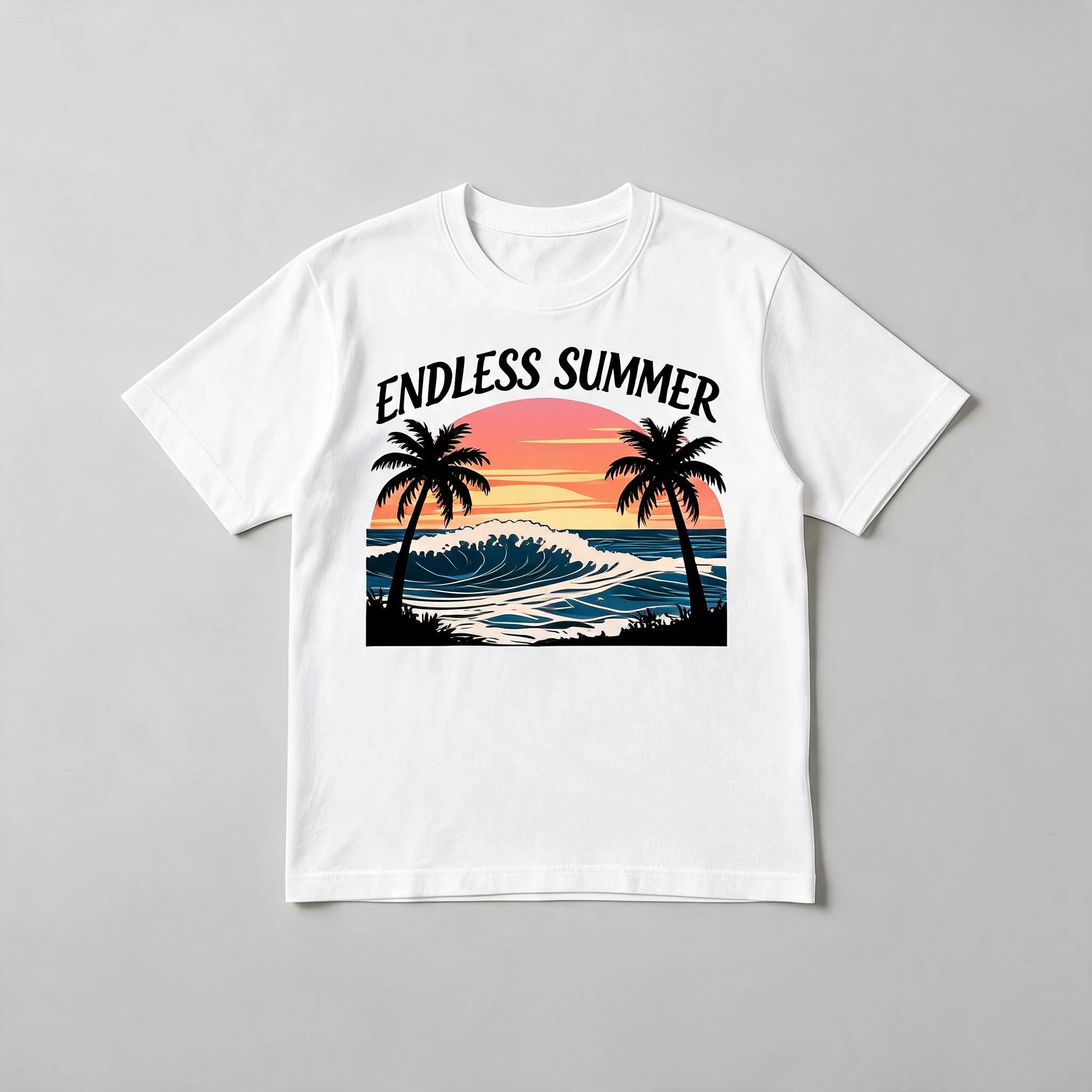 Seedream V5.0 Lite Edit: Print a bold vintage-style graphic on the front of this t-shirt: a sunset over ocean waves with palm silhouett