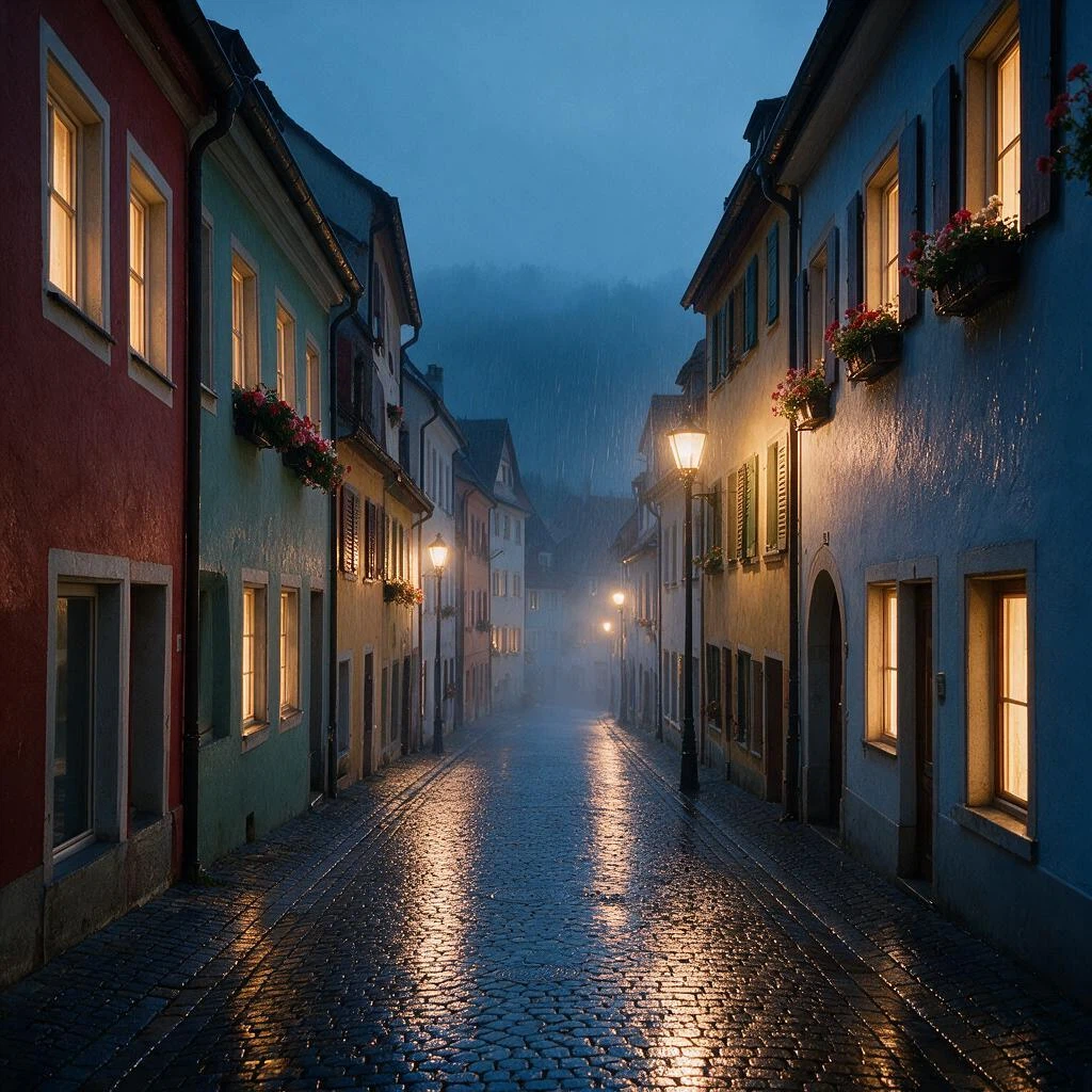 bytedance/seedream-v5.0-pro/edit: Turn this sunny old-town street into a rainy night scene. Keep the buildings, windows, flower boxes and perspe