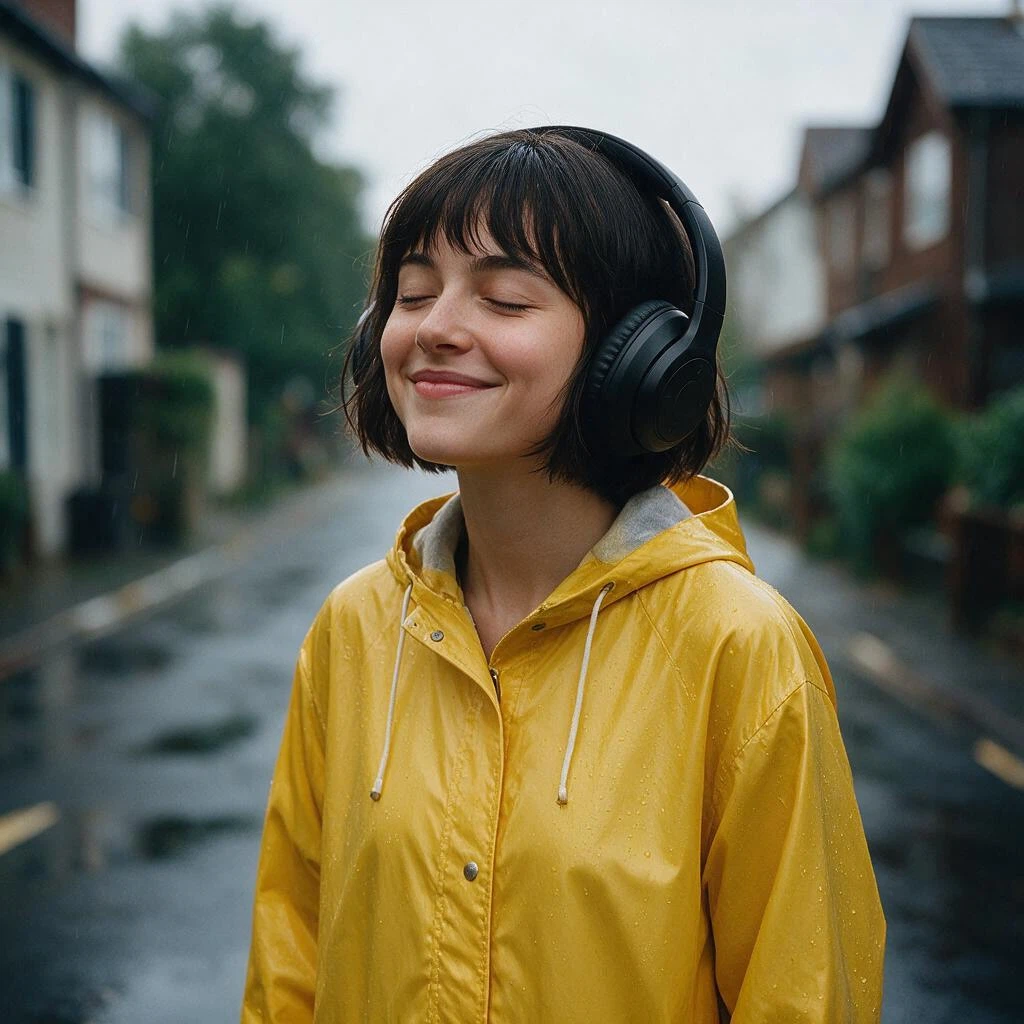 bytedance/seedream-v5.0-pro/edit: Create a premium lifestyle ad: the woman from Figure 1 wears the black over-ear headphones from Figure 2 and s