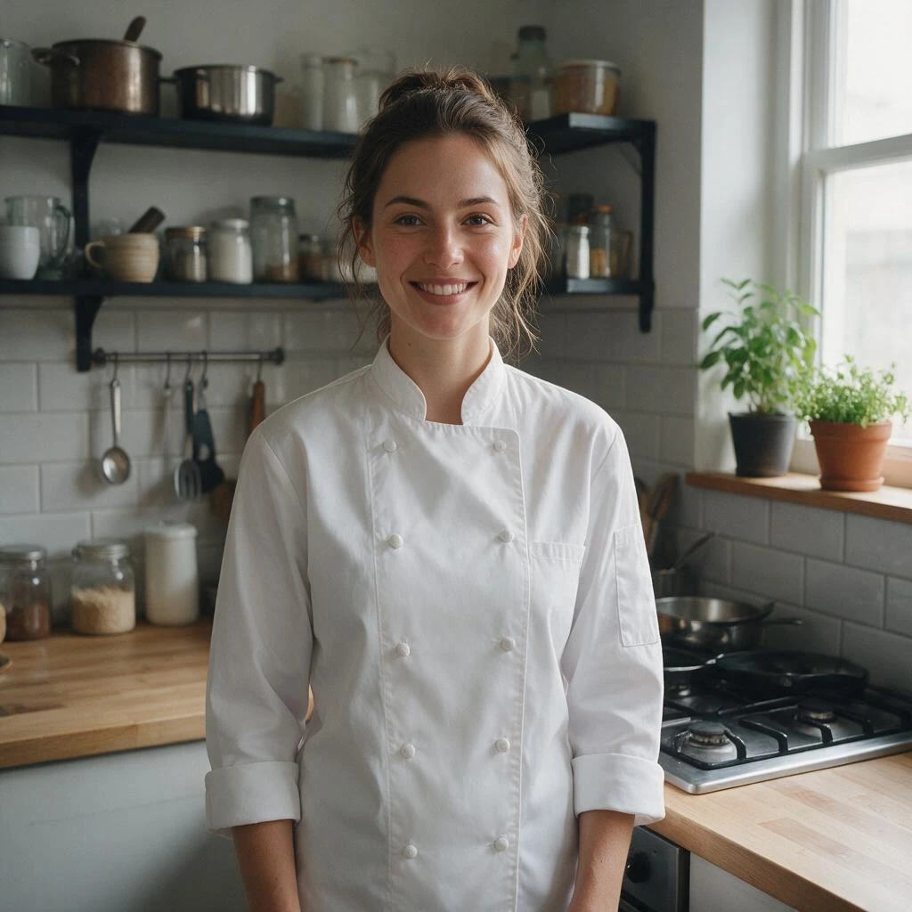 bytedance/seedream-v5.0-pro: A young foreign female chef standing in a simple kitchen, wearing a clean white chef jacket, friendly confiden