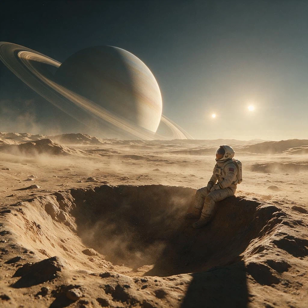 bytedance/seedream-v5.0-pro: A lone astronaut in a weathered white spacesuit sitting on the edge of a crater on a desert moon, looking up a