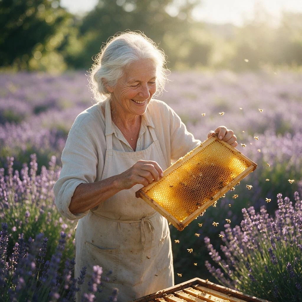 bytedance/seedream-v5.0-pro: An elderly woman beekeeper with silver hair and a warm smile inspecting a golden honeycomb frame in a sunlit l