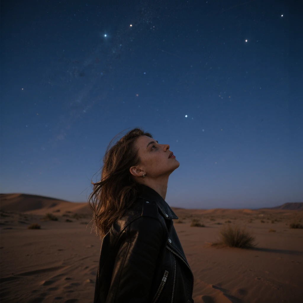 Uso: A woman stands in the desert, gazing up at the starry sky.
