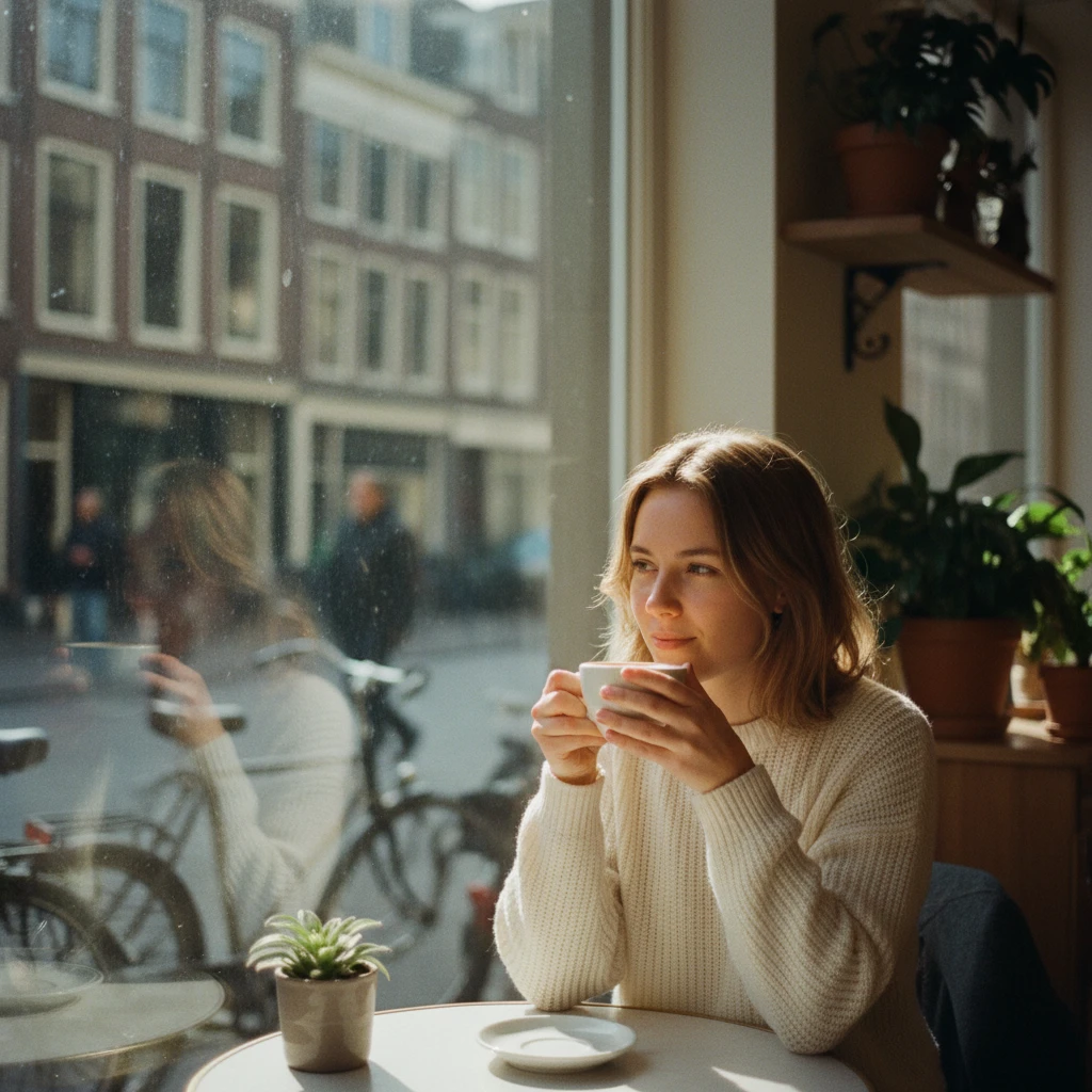 Gemini 2.5 Flash Image Text-to-Image: A young woman in her mid-20s sitting by a café window, wearing a beige sweater, holding a cup of coffee, natur