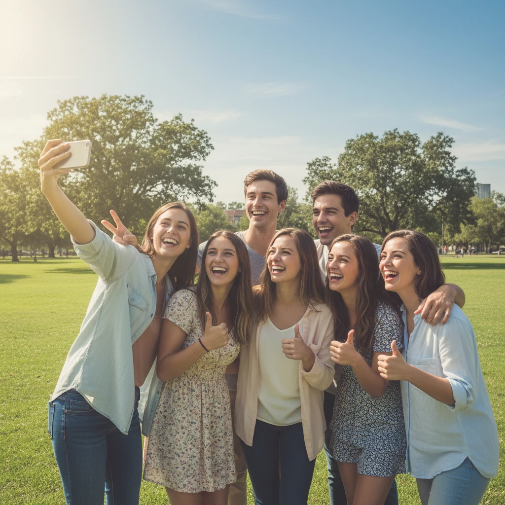 Gemini 2.5 Flash Image Text-to-Image: A cheerful group of college friends taking a selfie in a park, casual outfits, green grass and blue sky behind
