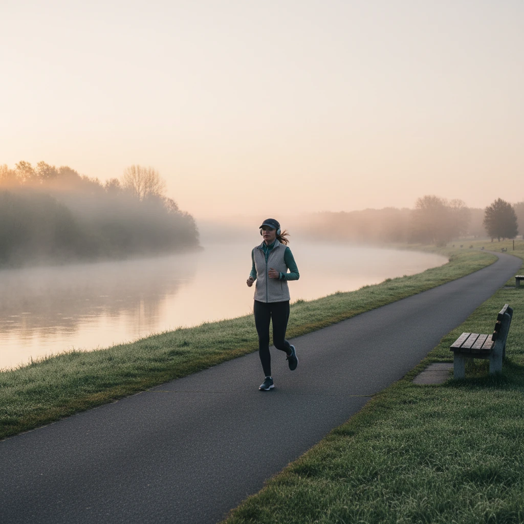 Gemini 2.5 Flash Image Text-to-Image: A jogger running along a riverside path in the early morning, wearing sportswear, light fog over the water.