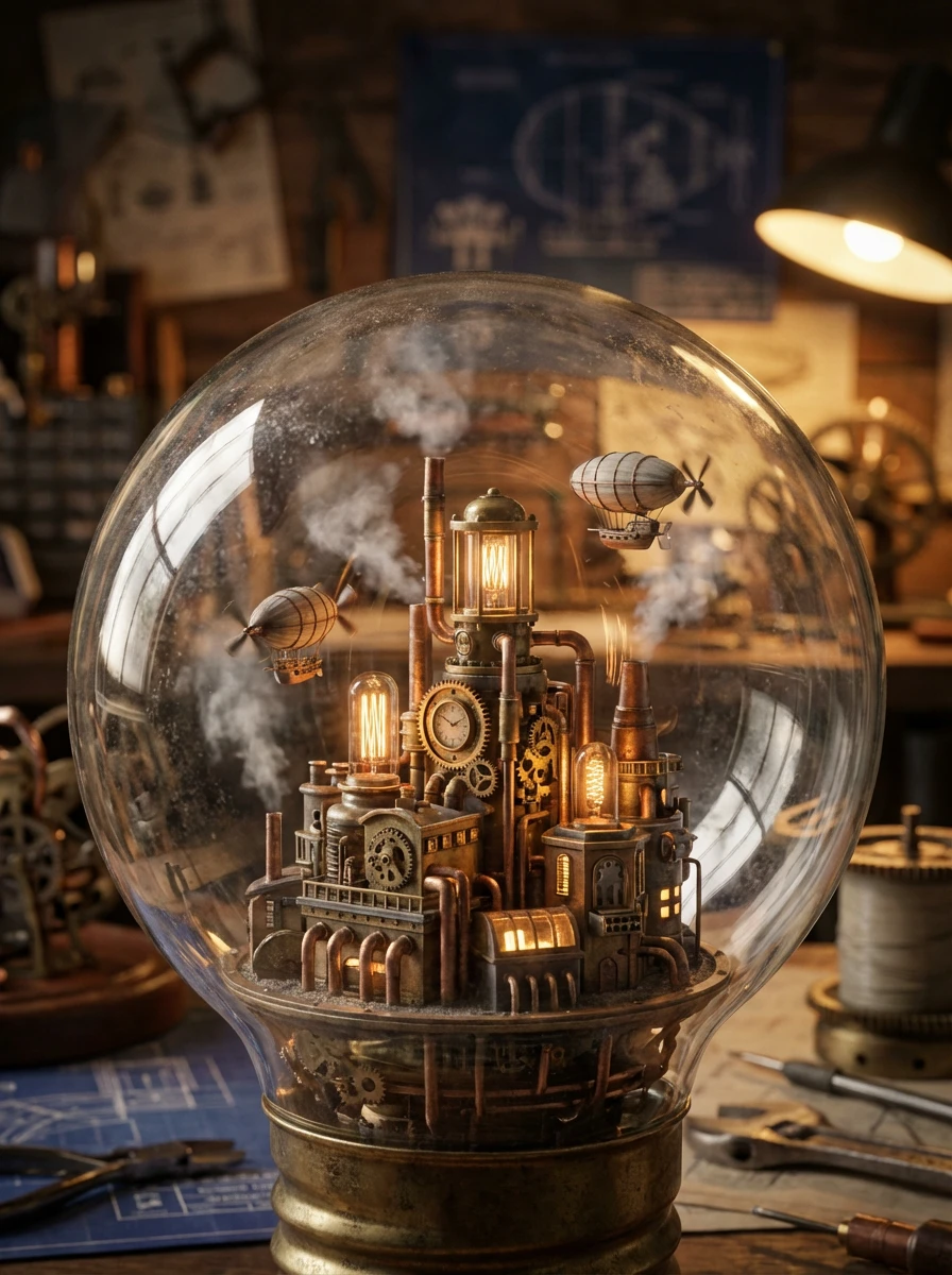 Gemini 3 Pro Image Text-to-Image: Macro photography shot. Inside an old, dusty vintage lightbulb, there is a fully functioning, multi-layered st