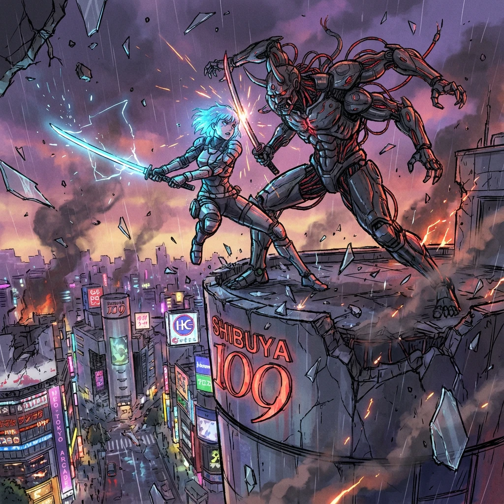 Gemini 3 Pro Image Text-to-Image: Anime still frame, "sakuga" animation style, intense dynamic action shot. A cyber-samurai girl with glowing en