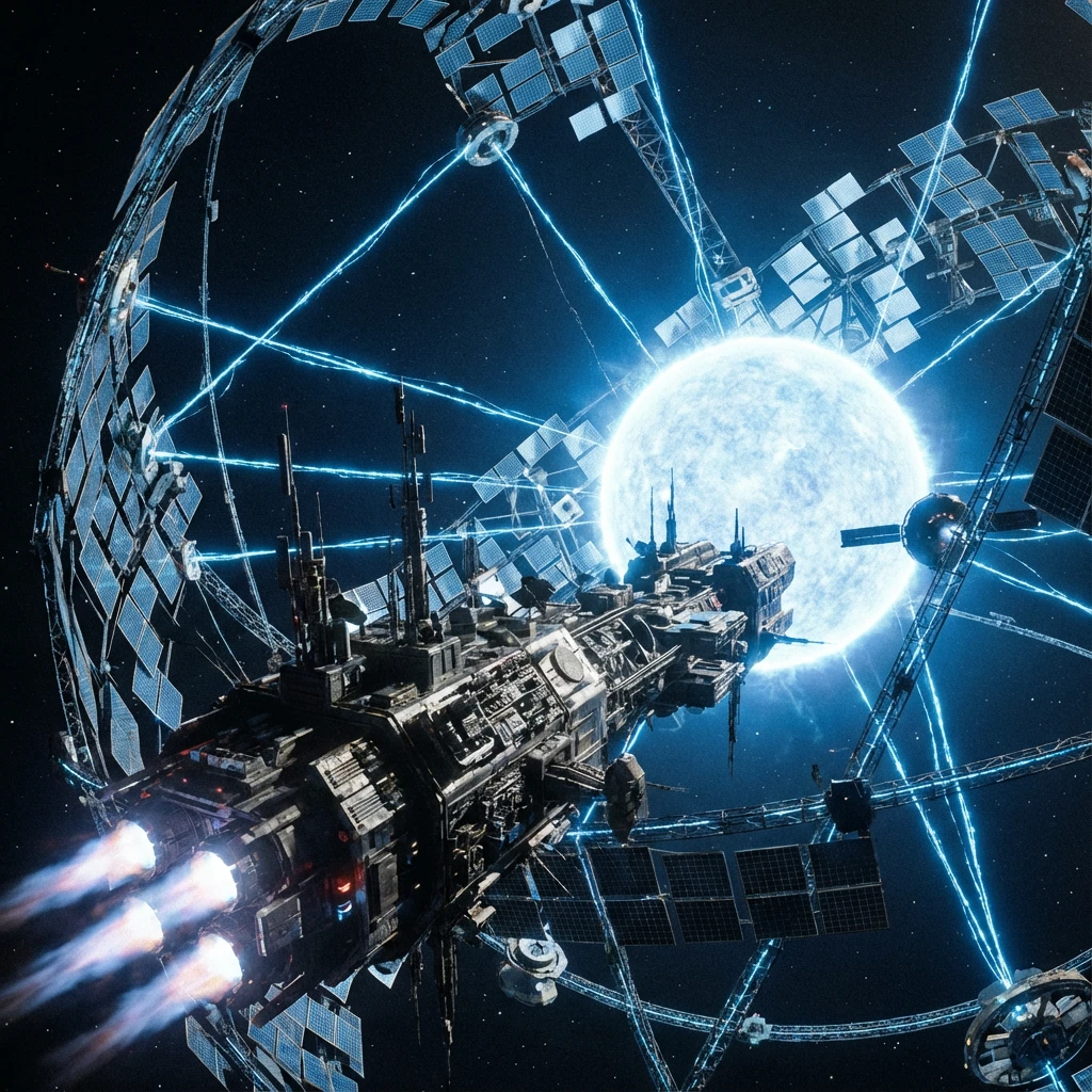 Gemini 3 Pro Image Text-to-Image: Wide-angle landscape photograph of a colossal Dyson Sphere mega-structure under construction around a dying bl