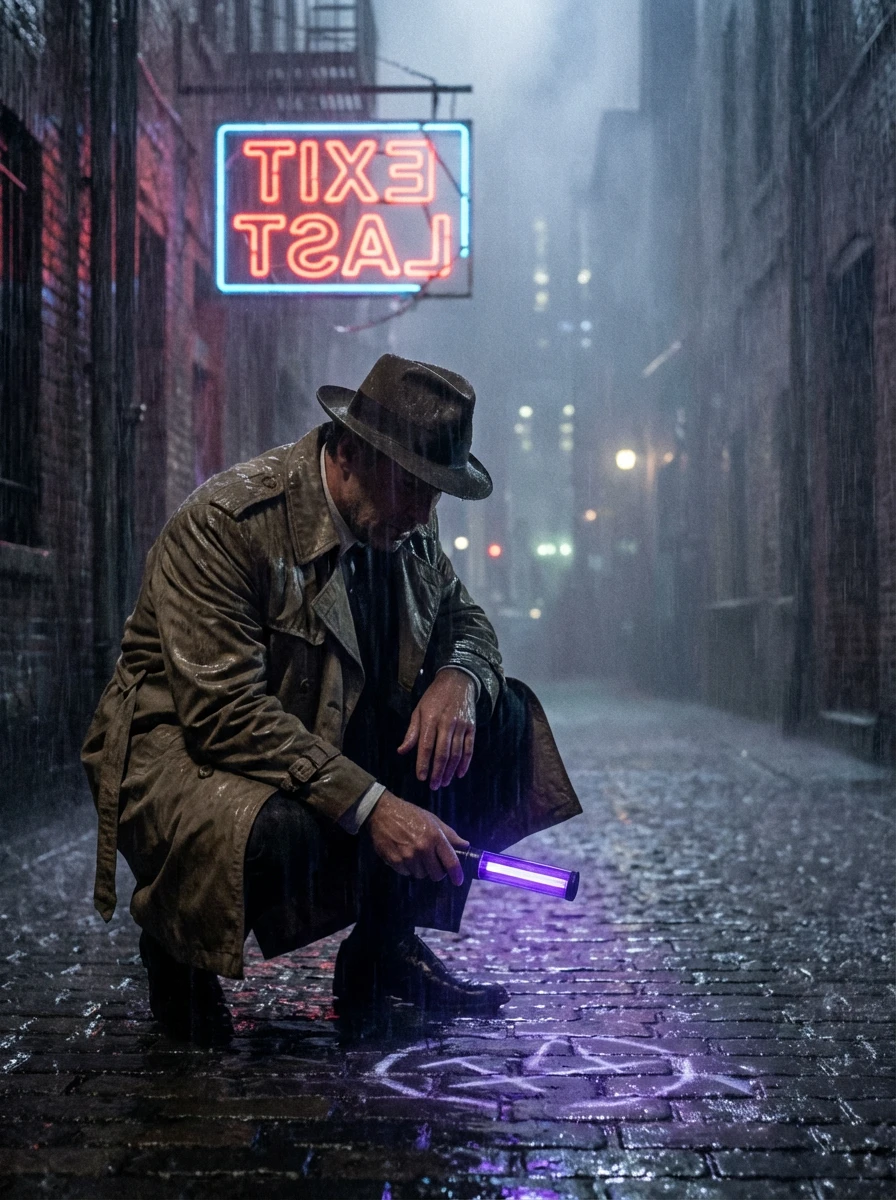Gemini 3 Pro Image Text-to-Image: Cinematic film still, neo-noir thriller style. A weary detective in a rumpled trench coat stands in a rain-sli