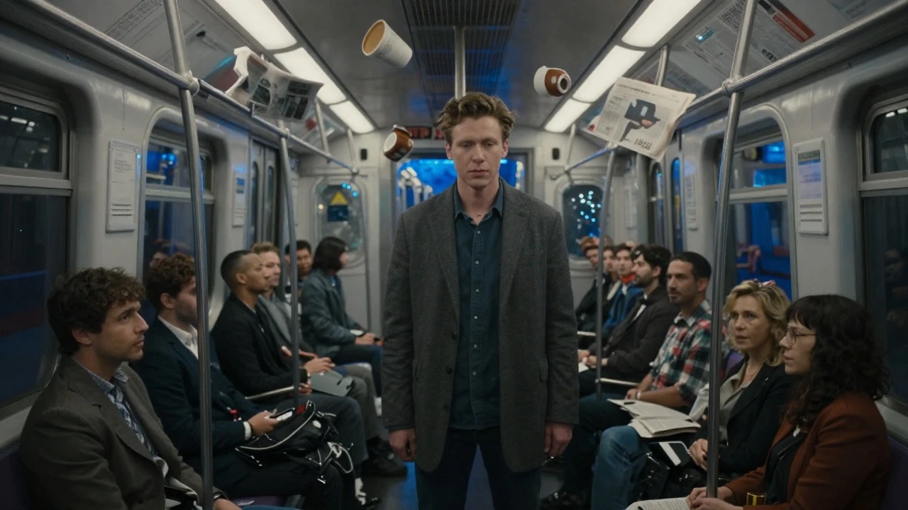 Gemini Omni Flash Reference-to-Video: The man slowly moves his hand through frozen coffee droplets floating in the air. Outside the window, tunnel l