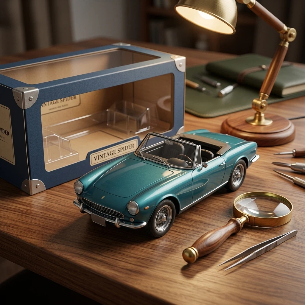 Nano Banana 2 Edit: Turn this car into a highly detailed 1:18 scale die-cast collectible model sitting on a wooden desk next to it