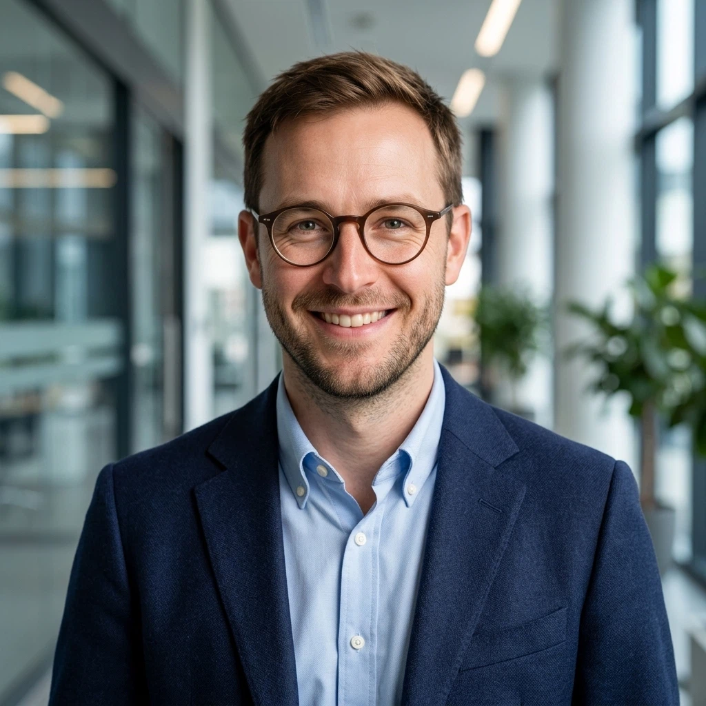 Nano Banana 2 Edit: Turn this photo into a polished corporate headshot. Keep his face, glasses and smile exactly the same. Dress h