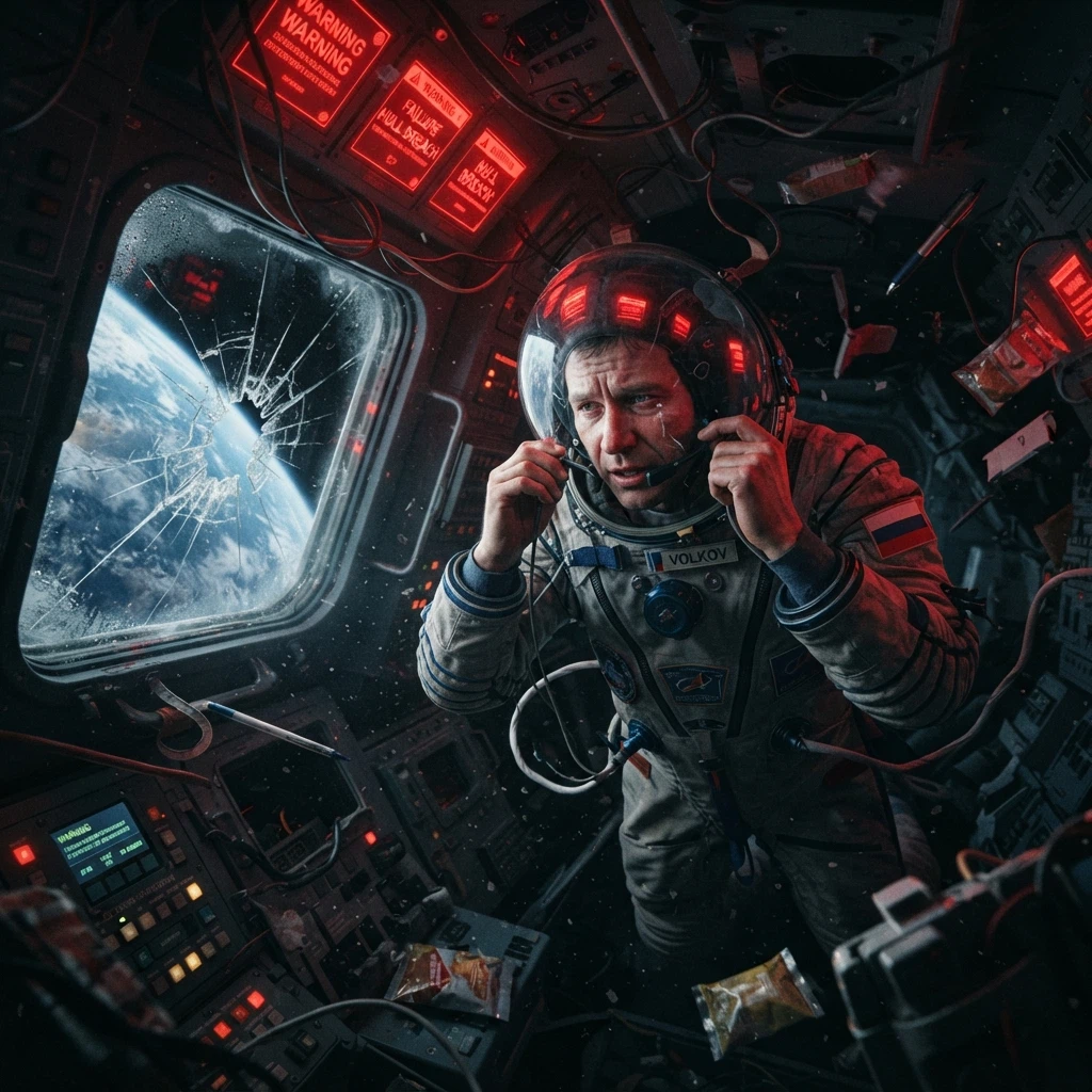 Nano Banana 2 Lite Text-to-Image: A foreign astronaut floating inside a damaged spacecraft cabin, red emergency lights flashing, Earth visible t