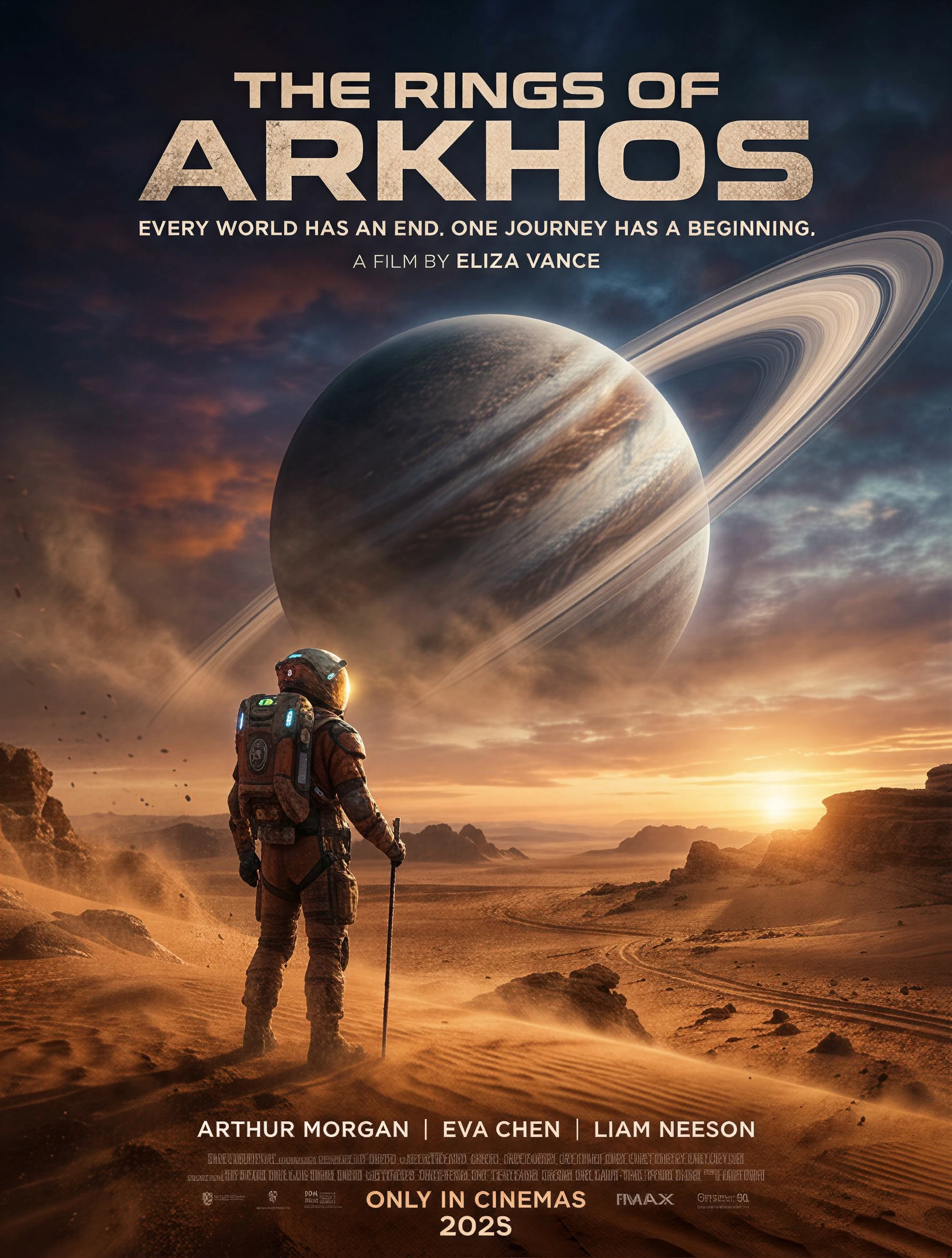 Nano Banana 2 Text-to-Image-Fast: an epic sci-fi movie poster, a lone astronaut standing on a vast desert planet, a gigantic ringed planet risin