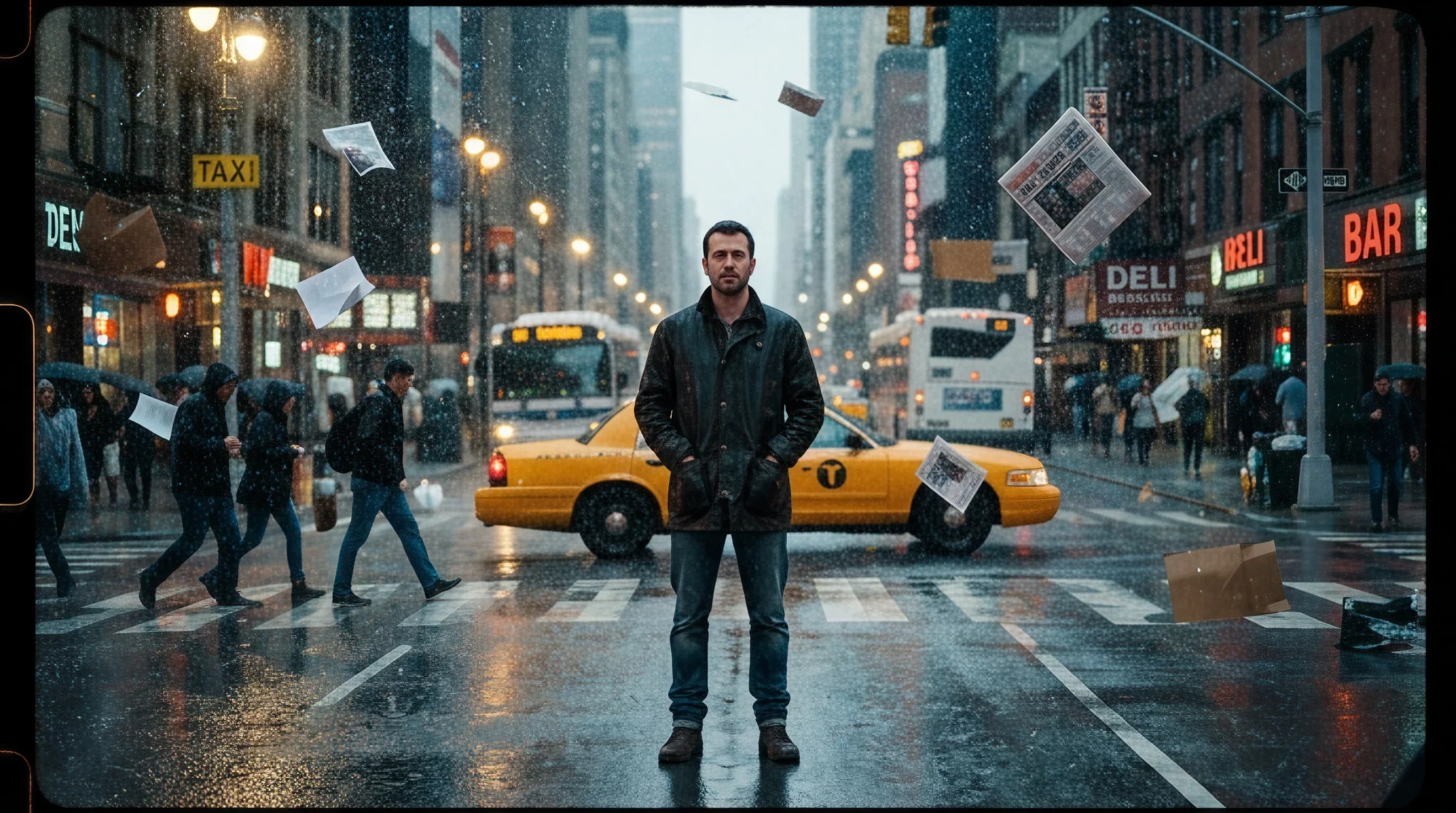 Nano Banana 2 Text-to-Image-Fast: a man standing in the middle of a busy city street while everything around him is frozen in time, suspended ra
