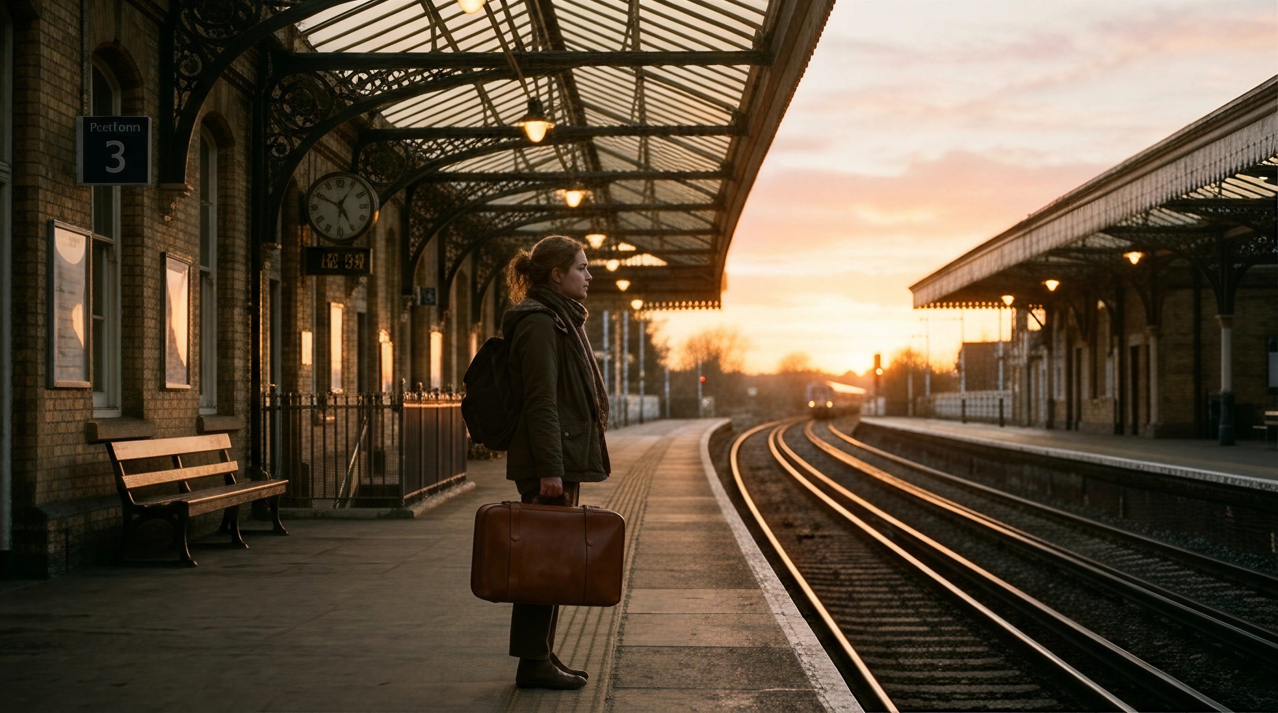 Nano Banana 2 Text-to-Image-Fast: a quiet train platform at sunset, golden sunlight streaming through the station roof, a traveler holding a sui
