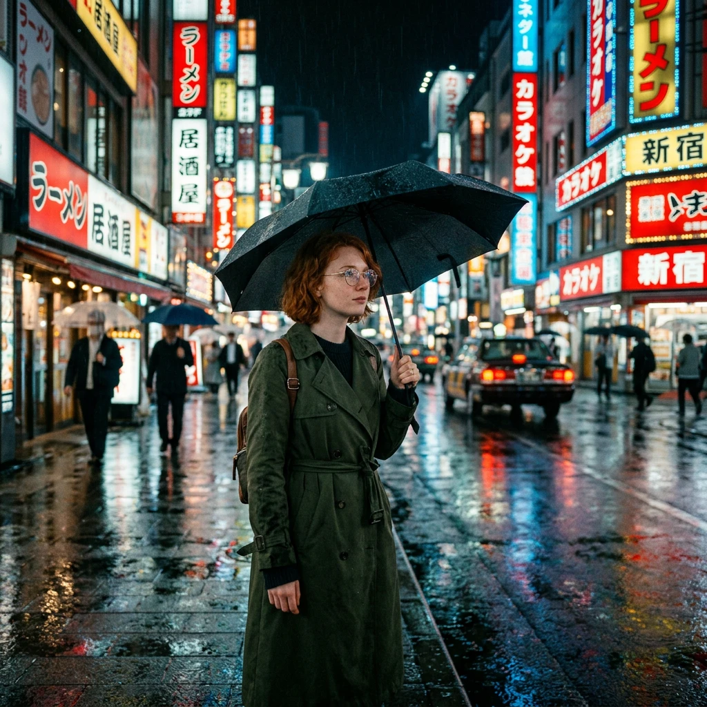 Nano Banana 2 Text-to-Image: A young woman with short red hair and round glasses wearing a dark green trench coat, standing in a rainy Toky