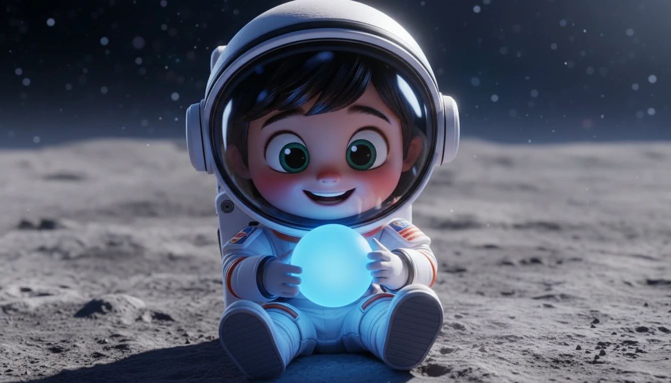 Nano Banana Edit: Change the background to the moon, and the boy is holding a round ball in his hand.