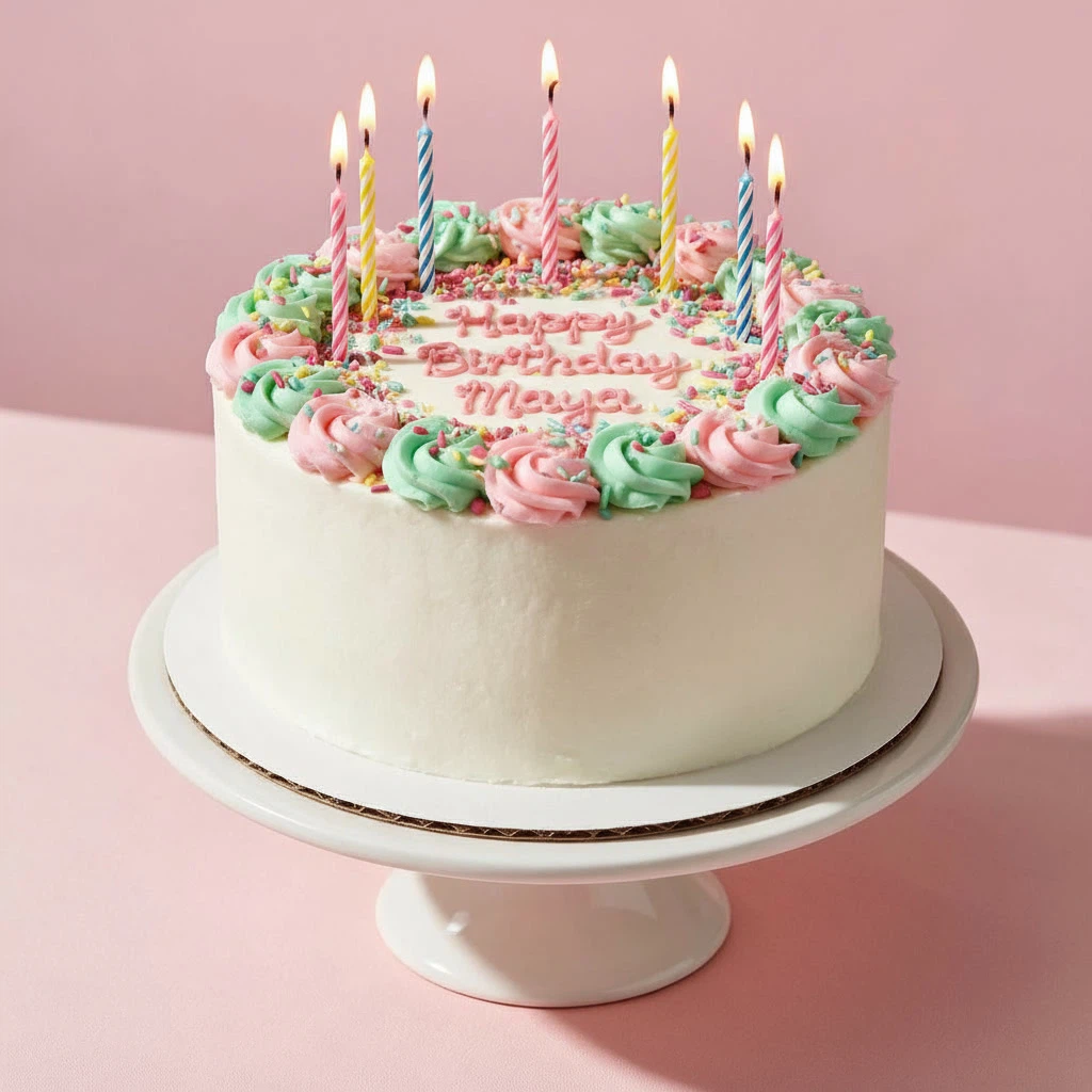Nano Banana Edit: Decorate this cake for a birthday party: add pastel pink and mint buttercream rosettes around the edge, colorf