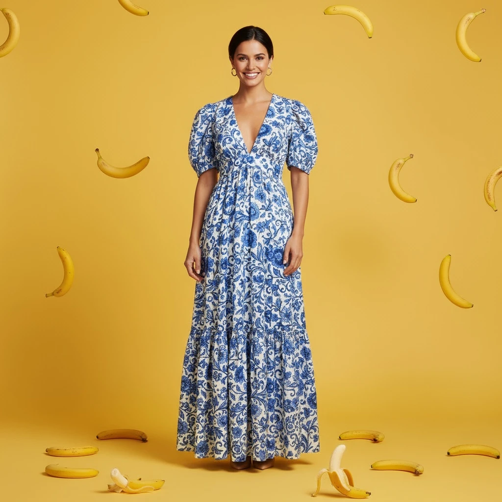 Nano Banana Edit: Create a professional e-commerce fashion photo. Select the blue floral dress from the first image and have the