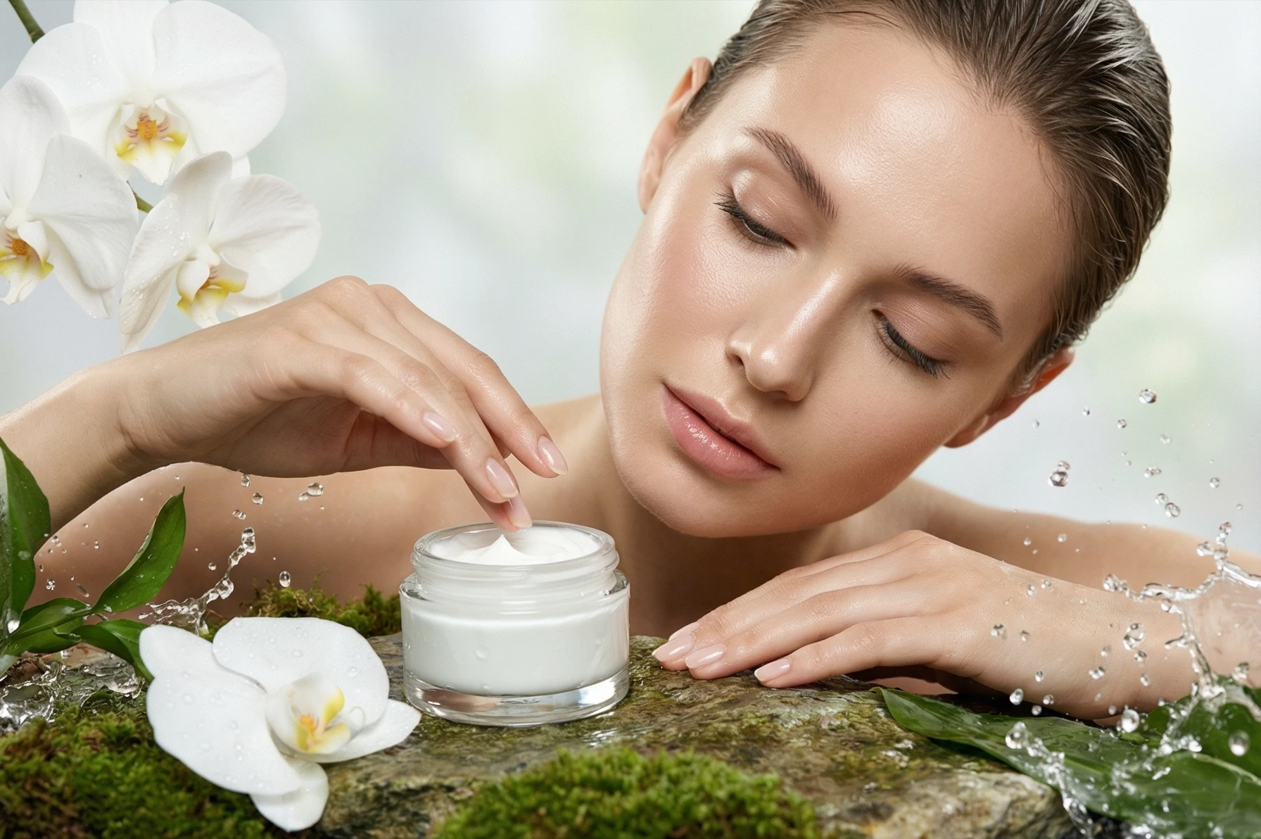 Nano Banana Pro Text-to-Image-Multi: High-end beauty editorial photography. A graceful fashion model with flawless, dewy, glowing skin and gently p
