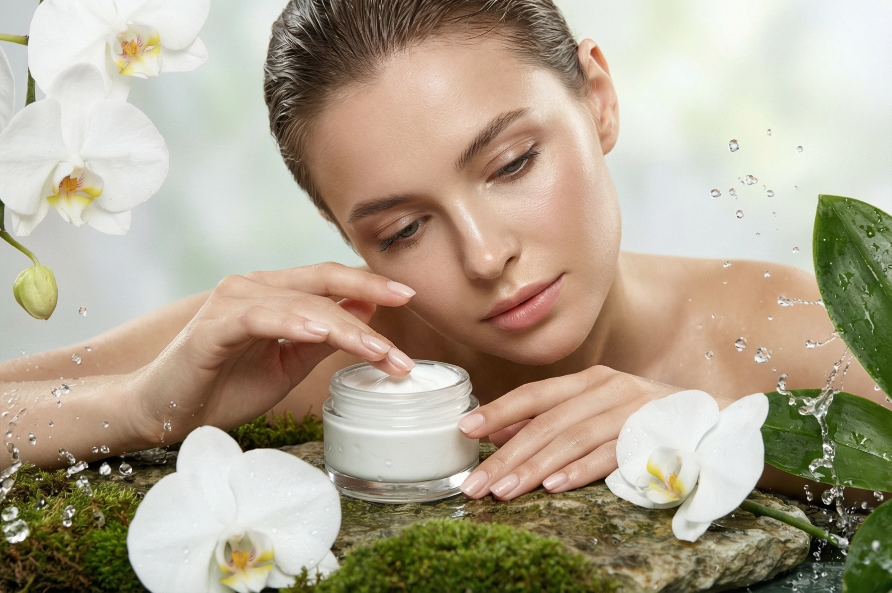 Nano Banana Pro Text-to-Image-Multi: High-end beauty editorial photography. A graceful fashion model with flawless, dewy, glowing skin and gently p