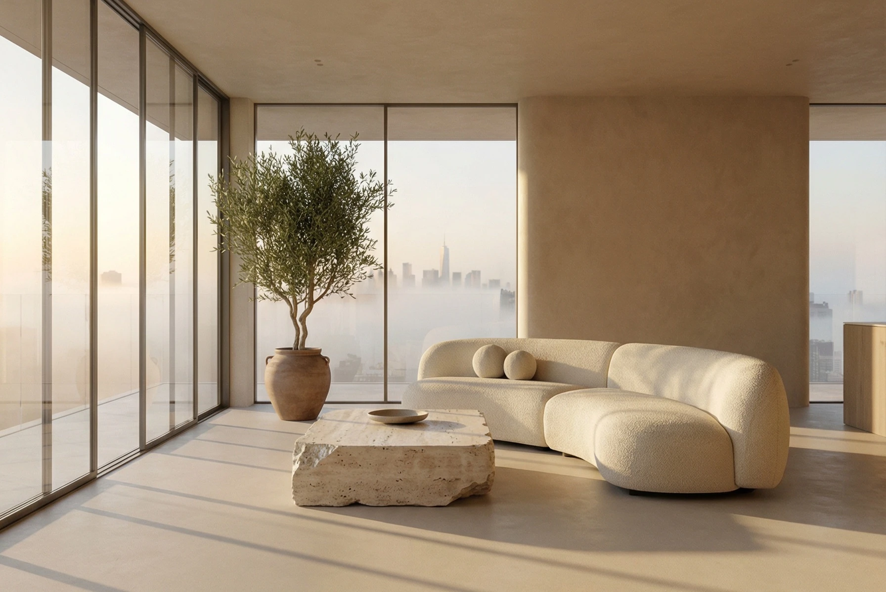 Nano Banana Pro Text-to-Image-Multi: Architectural visualization, interior design photography. A spacious, high-end living room in a luxury penthou