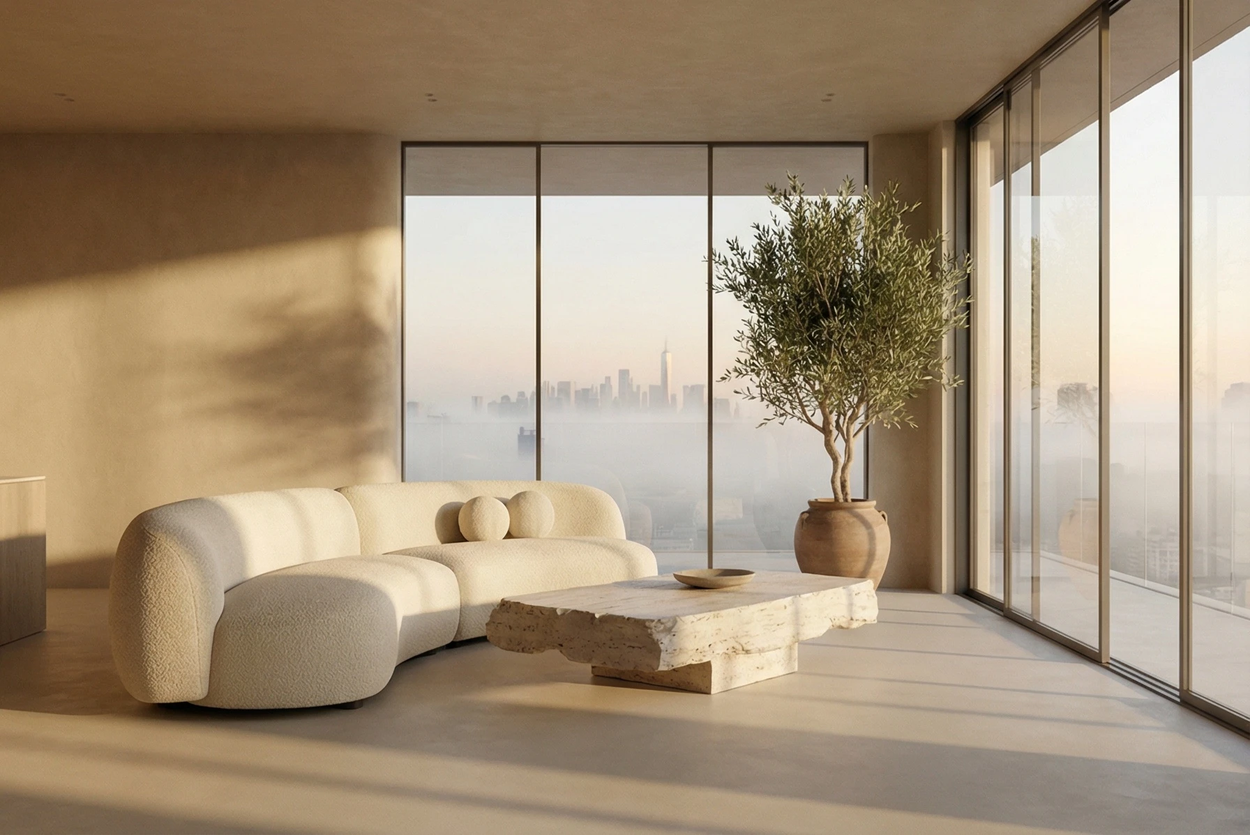 Nano Banana Pro Text-to-Image-Multi: Architectural visualization, interior design photography. A spacious, high-end living room in a luxury penthou