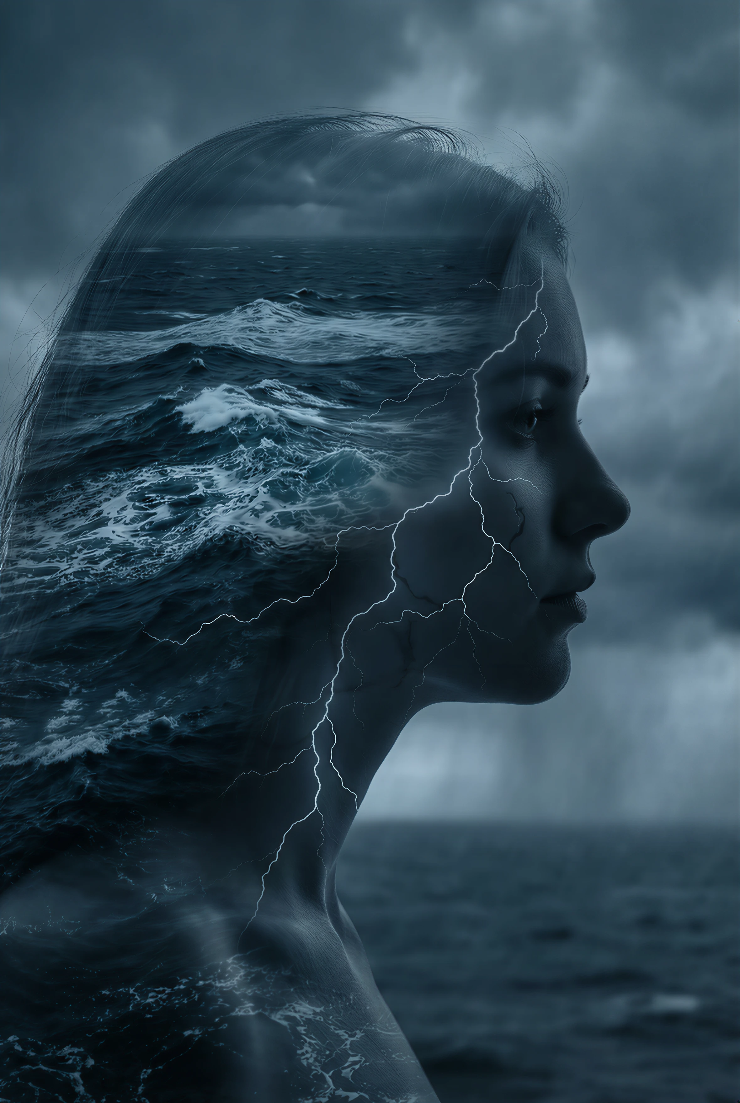 Nano Banana Pro Text-to-Image-Ultra: Artistic double exposure photography. Profile silhouette of a woman combined with a raging thunderstorm over a