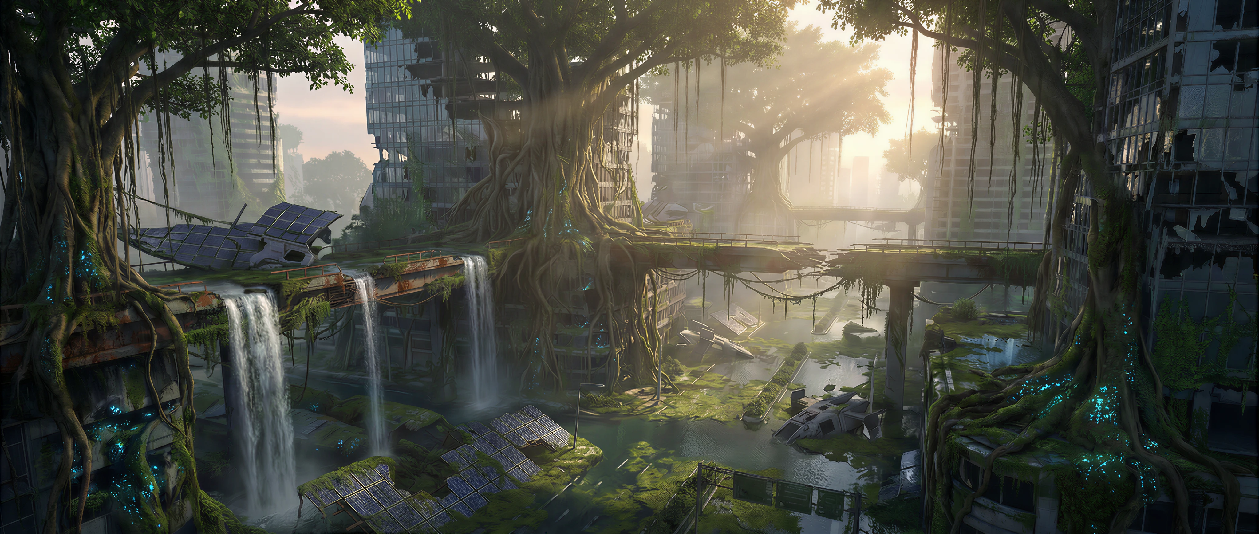 Nano Banana Pro Text-to-Image-Ultra: Aerial cinematic shot, Solarpunk aesthetic. The ruins of a futuristic cyber-city are being reclaimed by nature