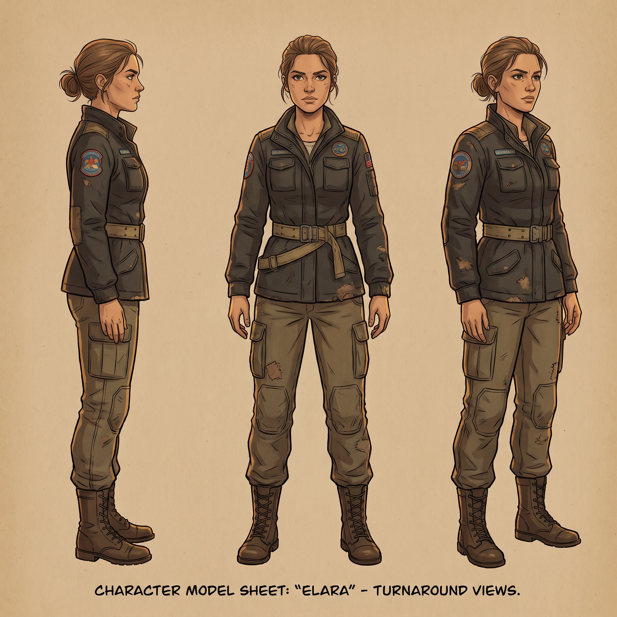 Nano Banana Pro Text-to-Image: Same female character, 3-angle turnaround (front, side, 3/4), consistent face and lighting, detailed outfit te
