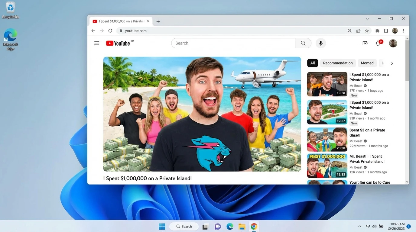 Nano Banana Pro Text-to-Image: Generate a screenshot of a windows 11 desktop, with google chrome open, showing a YouTube thumbnail of Mr. Bea
