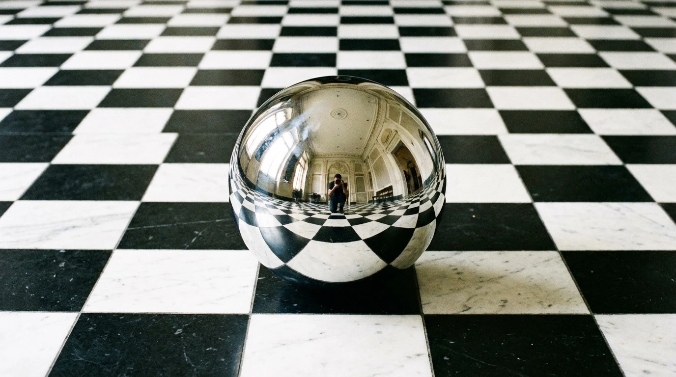 Nano Banana Pro Text-to-Image: A perfectly reflective chrome (Chrome) mirror ball placed on a black and white checkerboard.