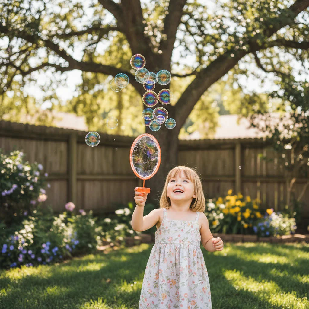 Nano Banana Text-to-Image: A little girl blowing soap bubbles in a backyard, sunlight making rainbow colors in the bubbles, candid photog