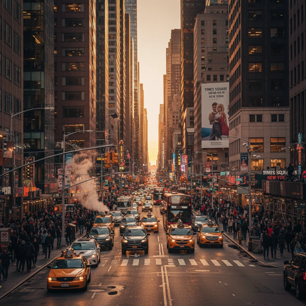 Nano Banana Text-to-Image: A bustling New York street at sunset, golden light reflecting on skyscrapers, cinematic lighting